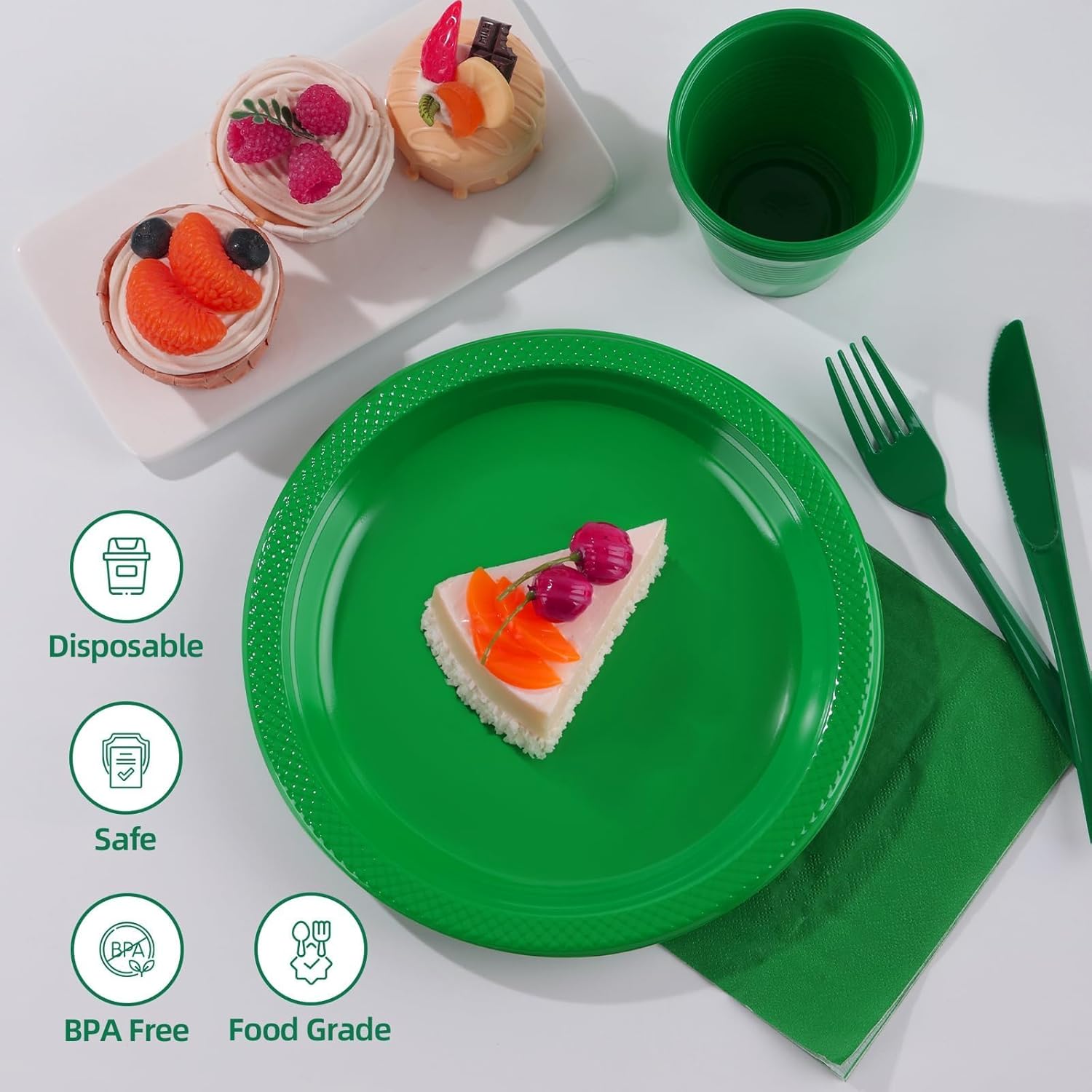 Green Plastic Plates,Green Disposable Plates,Including Green Plates and Napkins, Plastic Cutlery and 12OZ Cups for Engagement Wedding Birthday Graduation,Serve 25 Guests