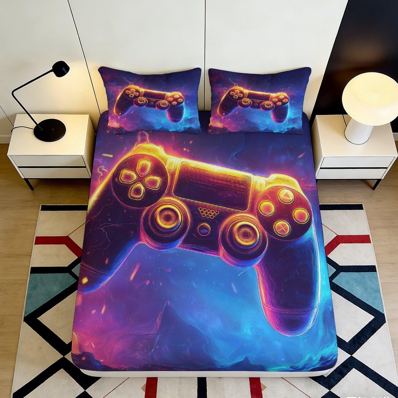 3D Printed Game Controller Fitted Sheet Microfiber Soft Decorative Neon Bedroom Bed Sheet for Mattress Protection 90x200x25cm
