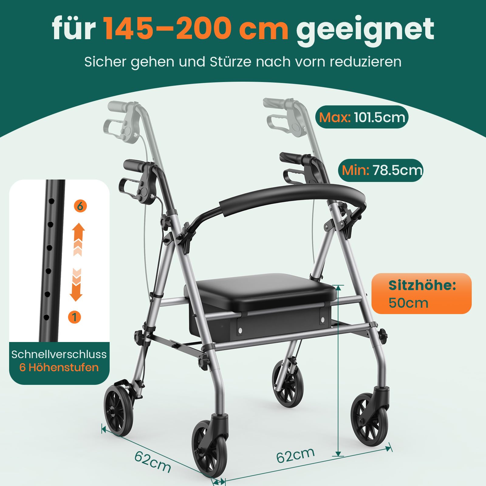 Faltrollator mit Sitz – stabiler 4-Rad-Gehwagen für Senioren & Gehbehinderte, Silbergrau
