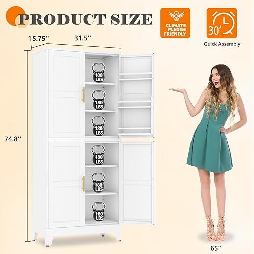 Miniatura 113 de Armario de almacenamiento de metal de 71 pulgadas de alto con 2 puertas y 4 estantes ajustables, armario de despensa de cocina, armario Blanco