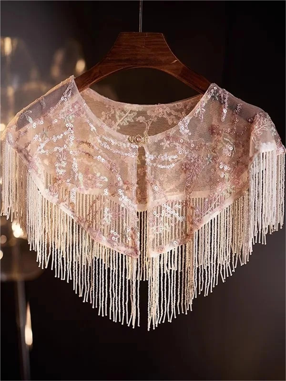 Mujer Primavera Verano Vintage lentejuelas encaje borla Pashmina mujer estilo chino espectáculo fiesta chal capa Collar