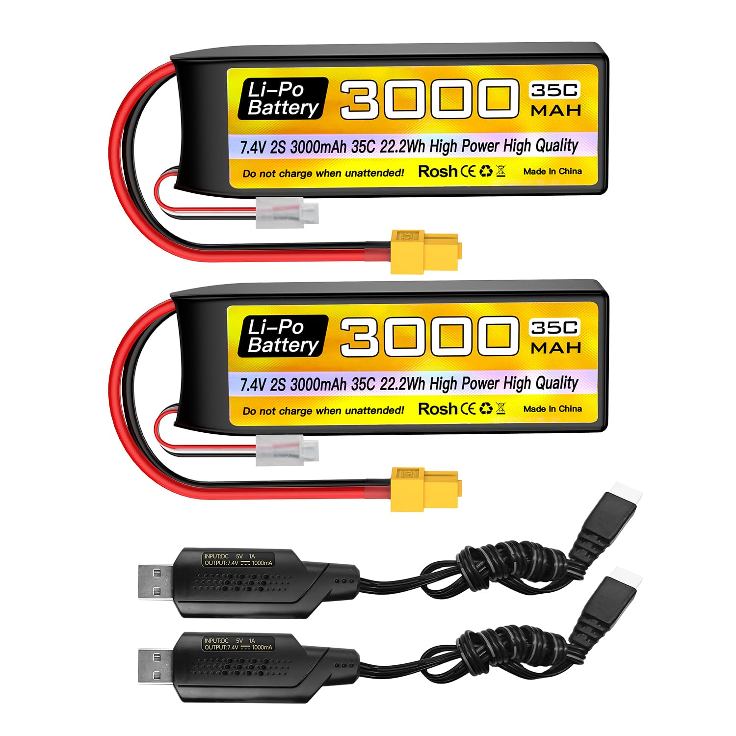 2PCS 2S Lipo 7.4V 3000mAh 35C Batterie mit XT60 Stecker mit USB-Ladekabel für RC Auto LKW Fernbedienung Schiff RC Vierroder Flugzeug FPV Drohne