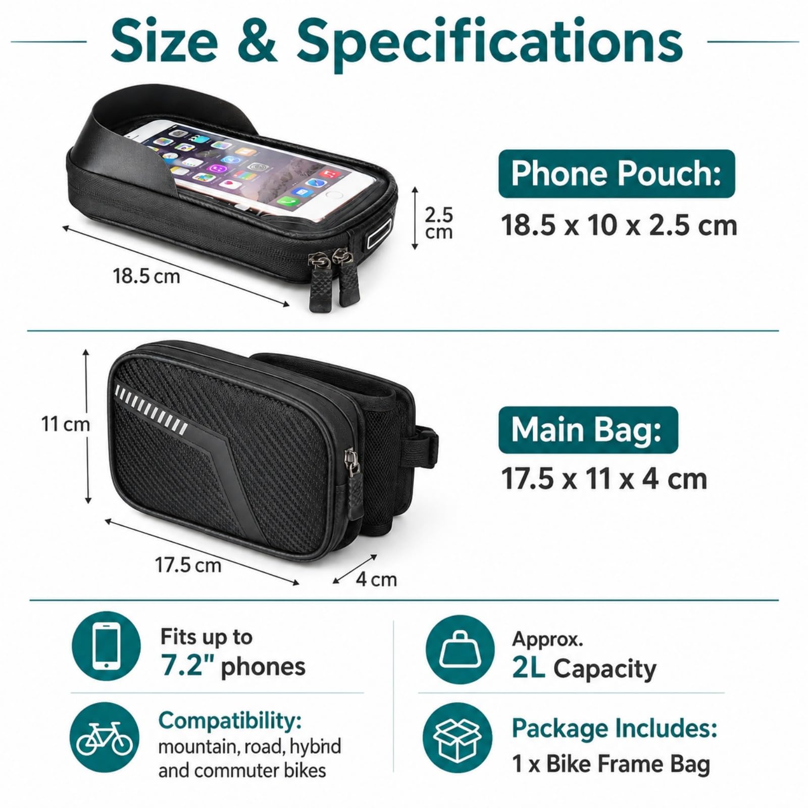 Borsa da Telaio Bici per BH | Design 2 in 1 staccabile | finestra TPU touch 7,2" | zip impermeabile | strisce riflettenti | per bici città e mountain | 2L