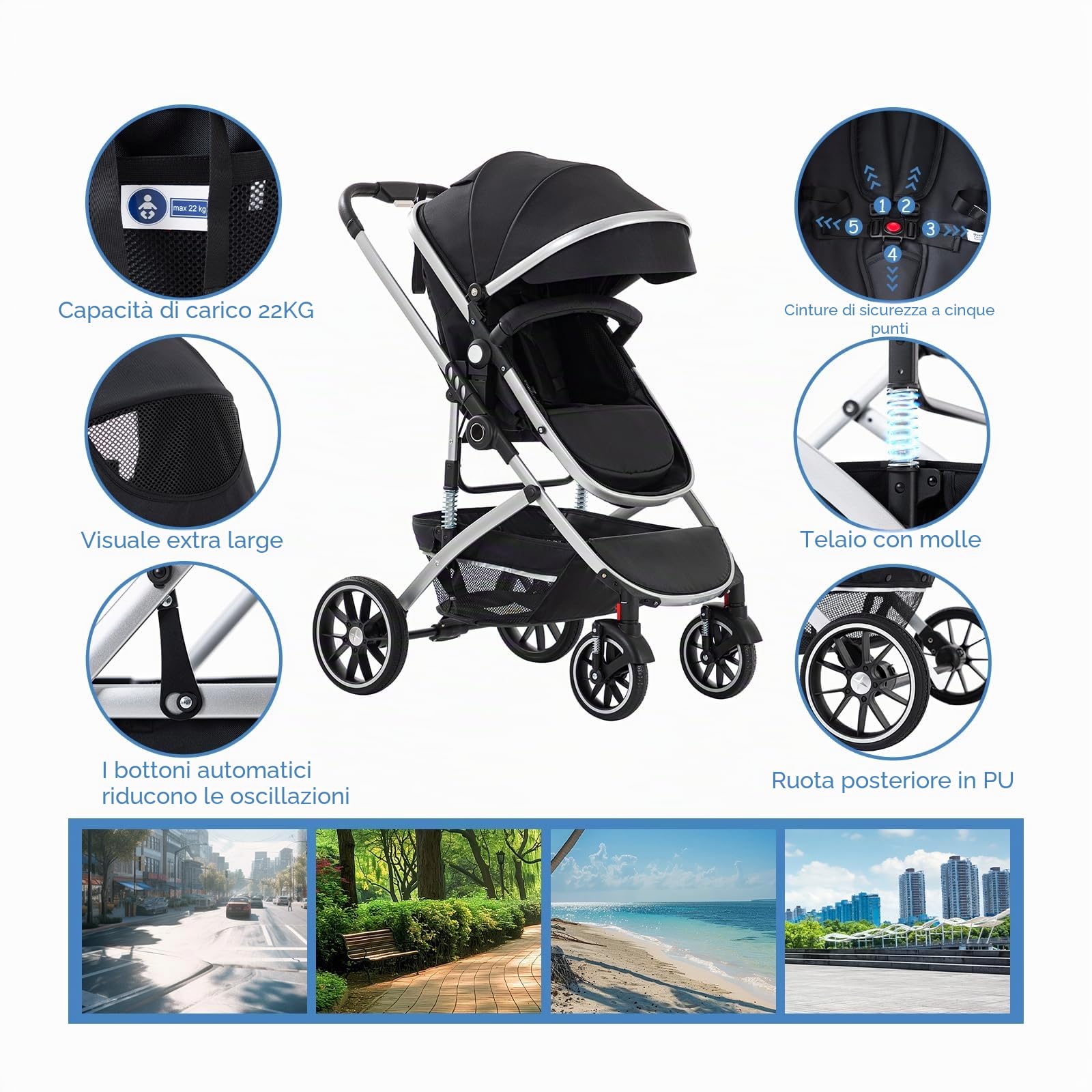 Passeggino 3 in 1,Passeggino Pieghevole Rapido con Un Solo Clic,Passeggino Reversibile Alto con Cesta per la Nanna Allargata,Pushchair Reversibile è Bloccabile Sulle Ruote Anteriori(Nero)