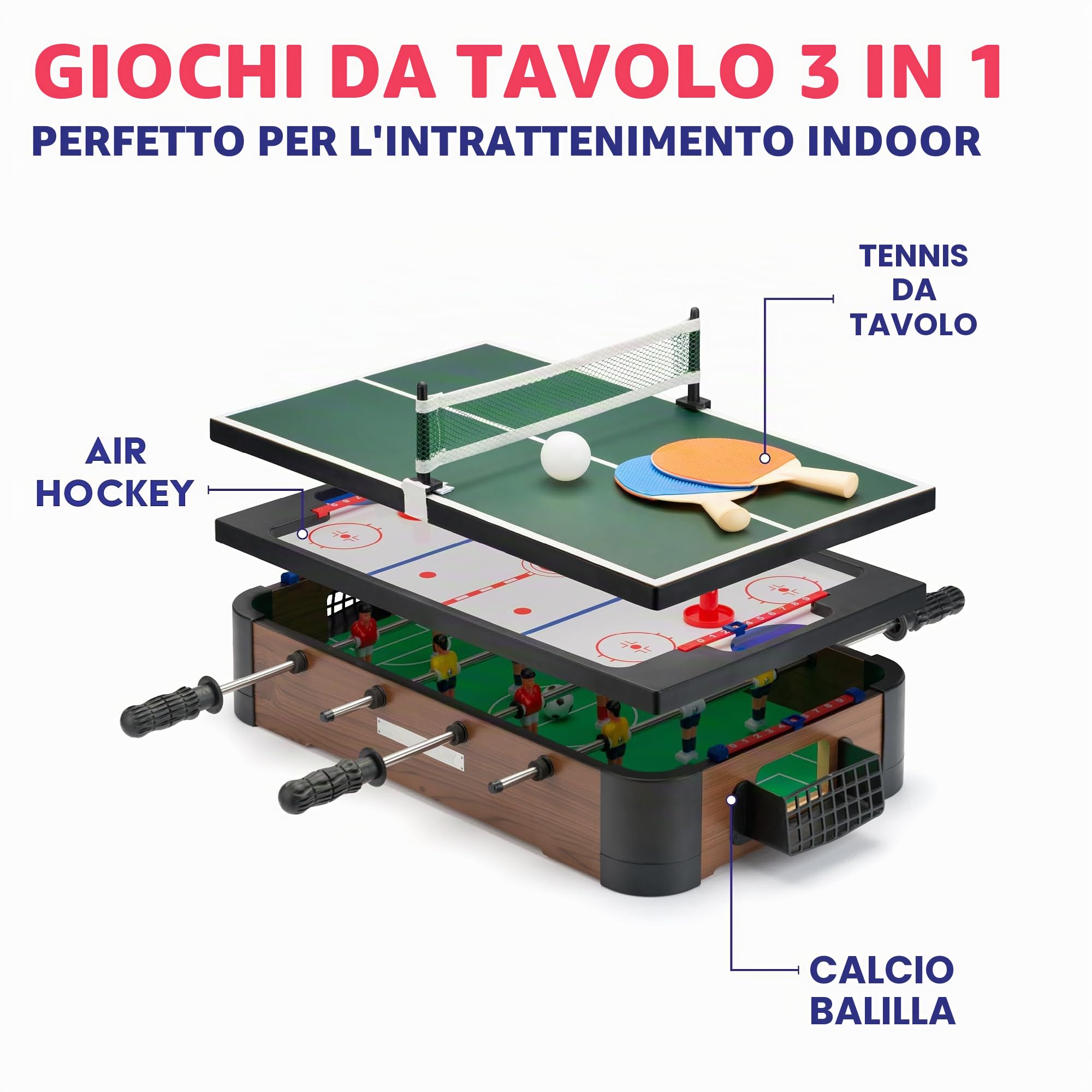 PowerPlay Giochi da tavolo 3 in 1, set da tavolo multi gioco, mini calcio, hockey e ping pong, taglia unica