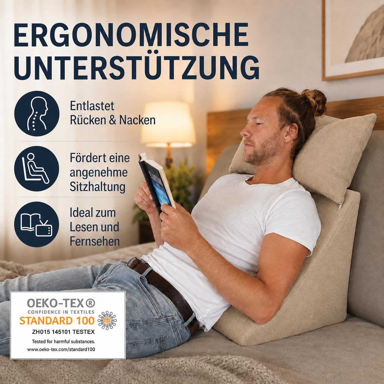 Cuscino per Letto e Divano - Cuscino a Cuneo dalla Forma Ergonomica più un Comodo Cuscino del Divano per Leggere, Guardare la TV e Rilassarsi (marrone chiaro)
