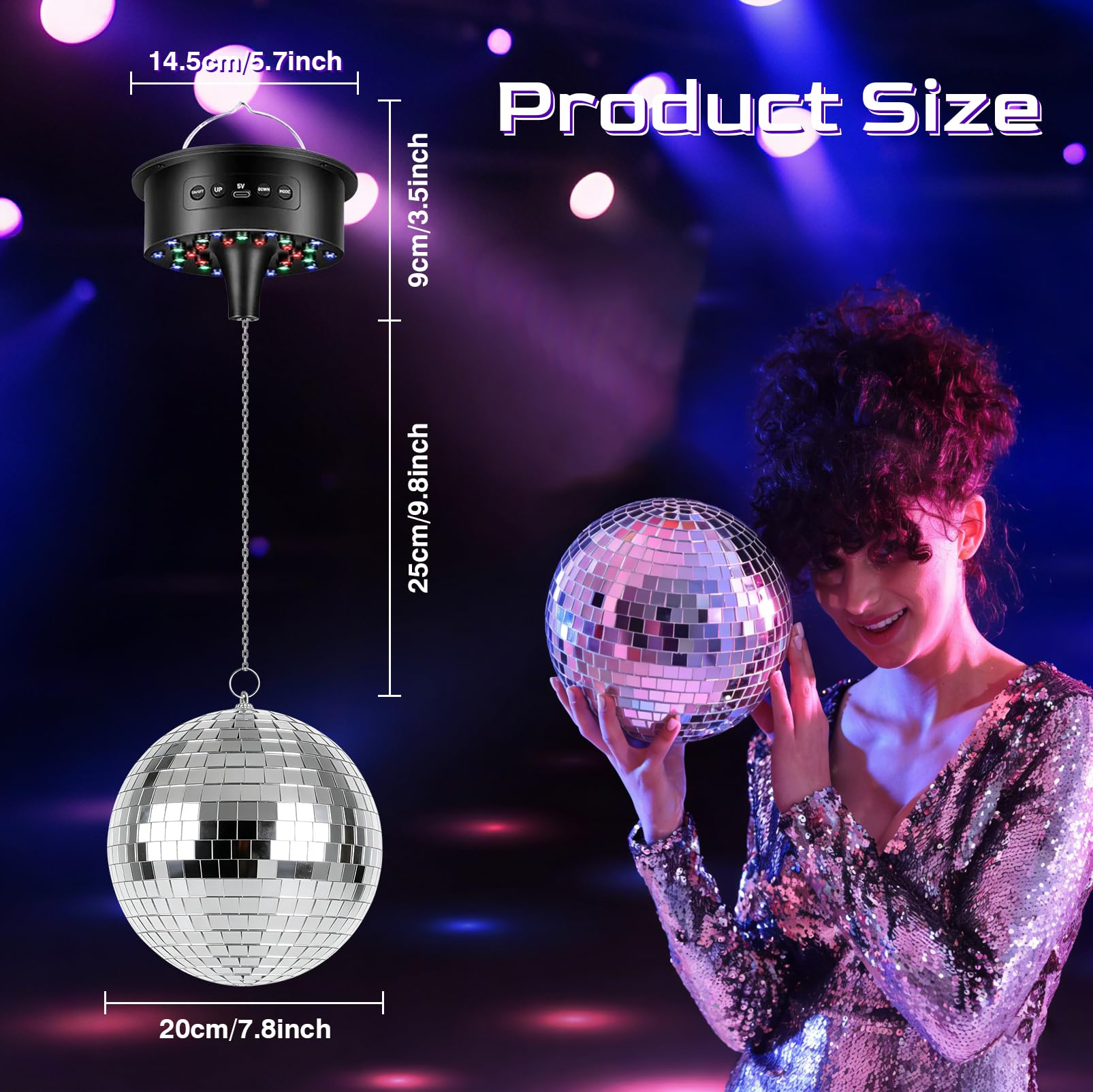 Bola de discoteca con motor y luz, bola de espejo de 20 cm con 30 perlas LED, 6 modos de color, 3 programas, mando a distancia y control de sonido, funciona con USB/batería para fiestas, discotecas