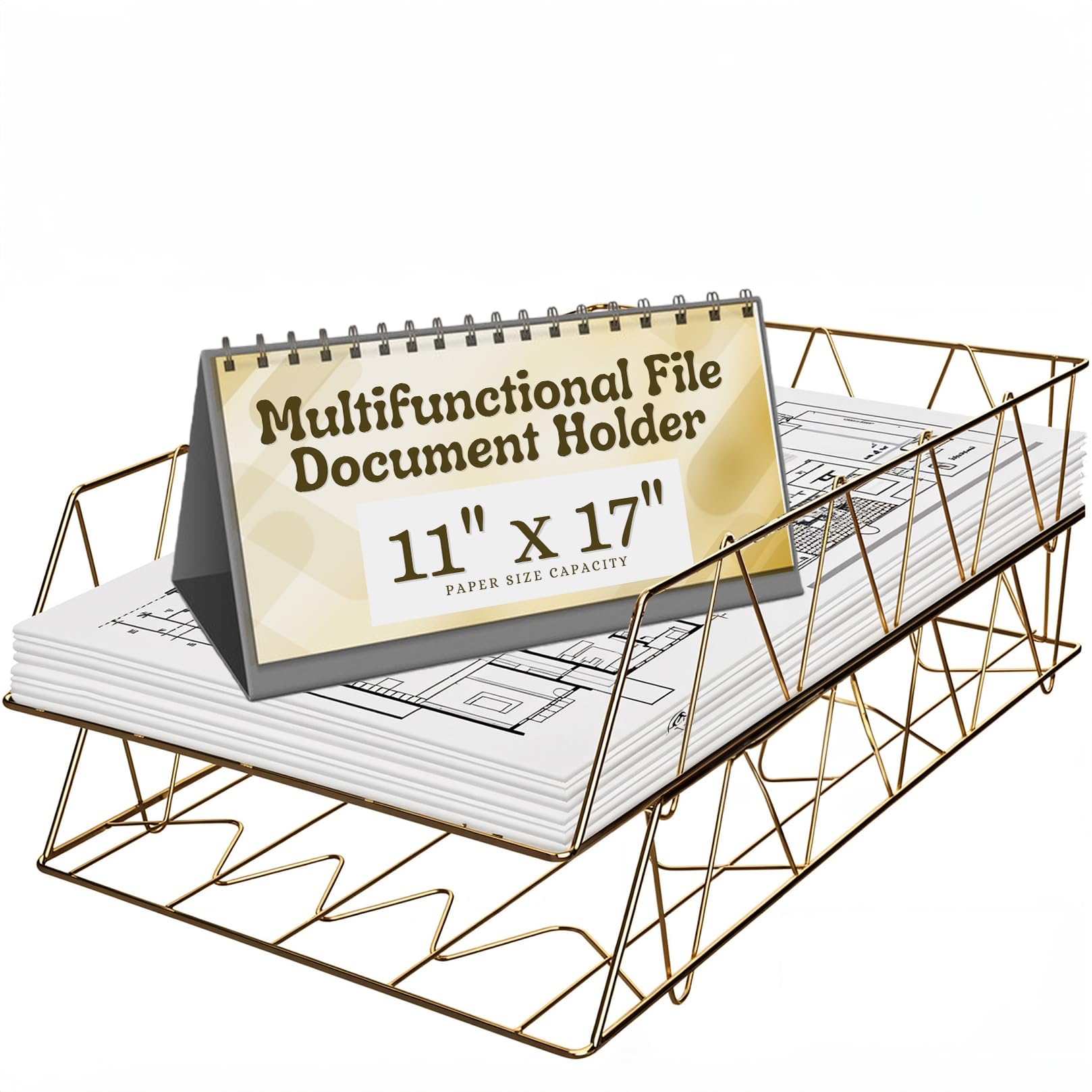 Performore 2 Pack of 11x17 Gold Stackable Wire Desk Trays, Paper Tray Organizer for Desk, Multifunctional File Document Holder and Storage for Office Desktop Organization and Accessories