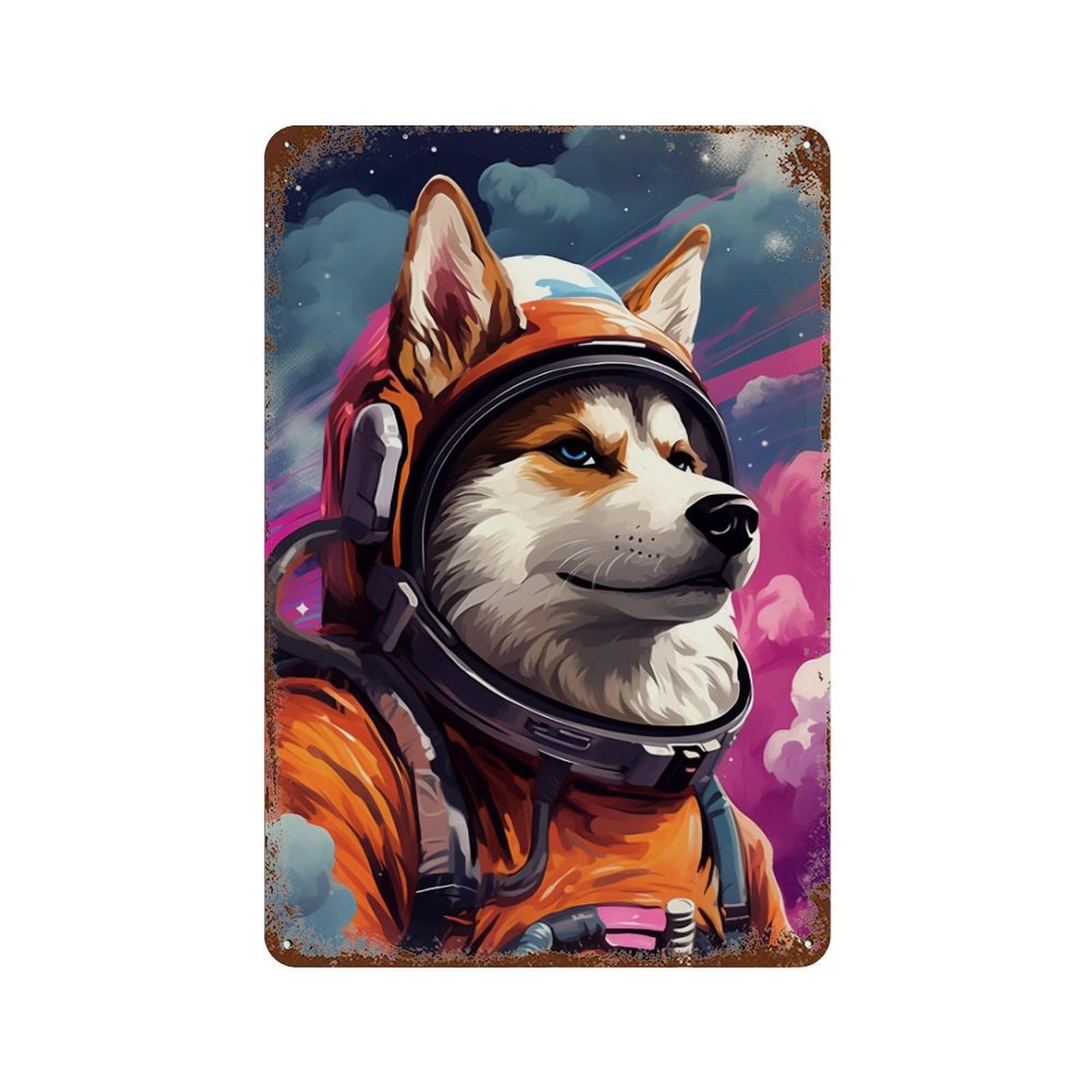 Decorative Tin Sign with Space Dog Explorer-117 Design 11.8"x7.9", for Farmhouse, Kitchen And Entryway Decor, Decorative Metal Wall Art