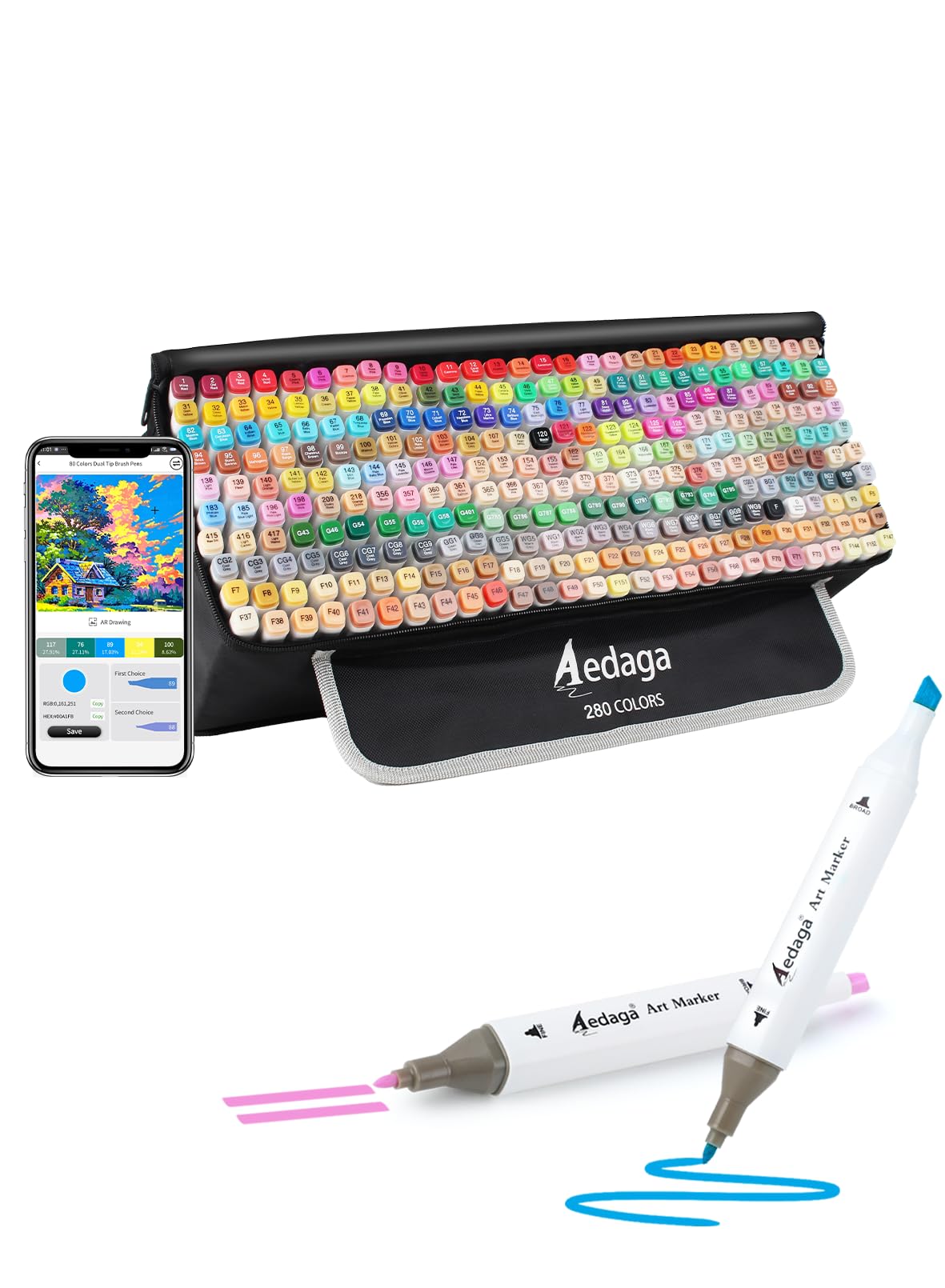 280 Colours Alcohol Markers with Free App, Dual Tip (Chisel & Fine) Art Markers with Kickstand Case for Artists Adults, Alcohol Based Markers for Colouring Painting Sketching and Drawing, Great Gift