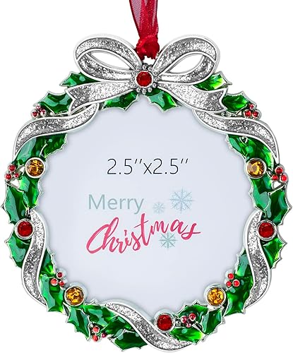 Adorno para árbol de Navidad, marco de fotos de metal, colgante de 2.5 pulgadas, marco de fotos decorativo para mascotas, primera Navidad, familia,