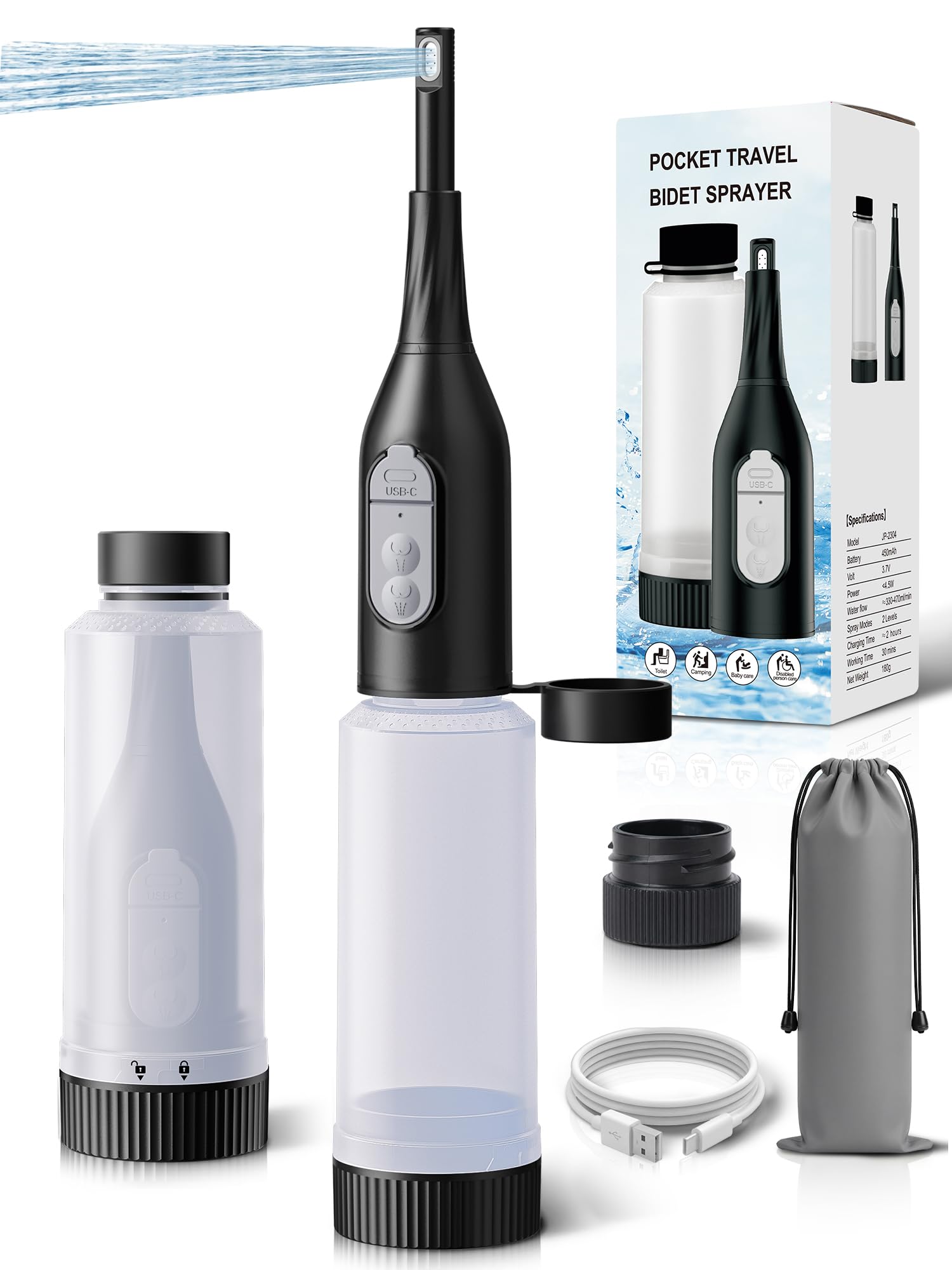 NAISMUMMY Portable Bidet for Travel – Electric Peri Bottle with Dual Spray Modes, 360° Nozzle, Water Bottle Adapter, USB Rechargeable, Waterproof,