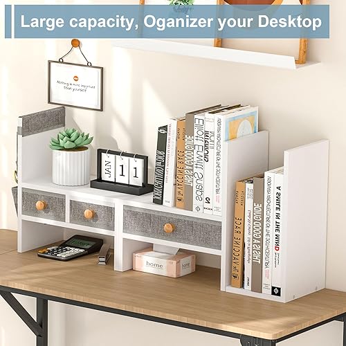 Miniatura 5 de X-cosrack Estantes de escritorio ajustables para almacenamiento, estantería de escritorio con 3 cajones, estante de escritorio de madera blanca para