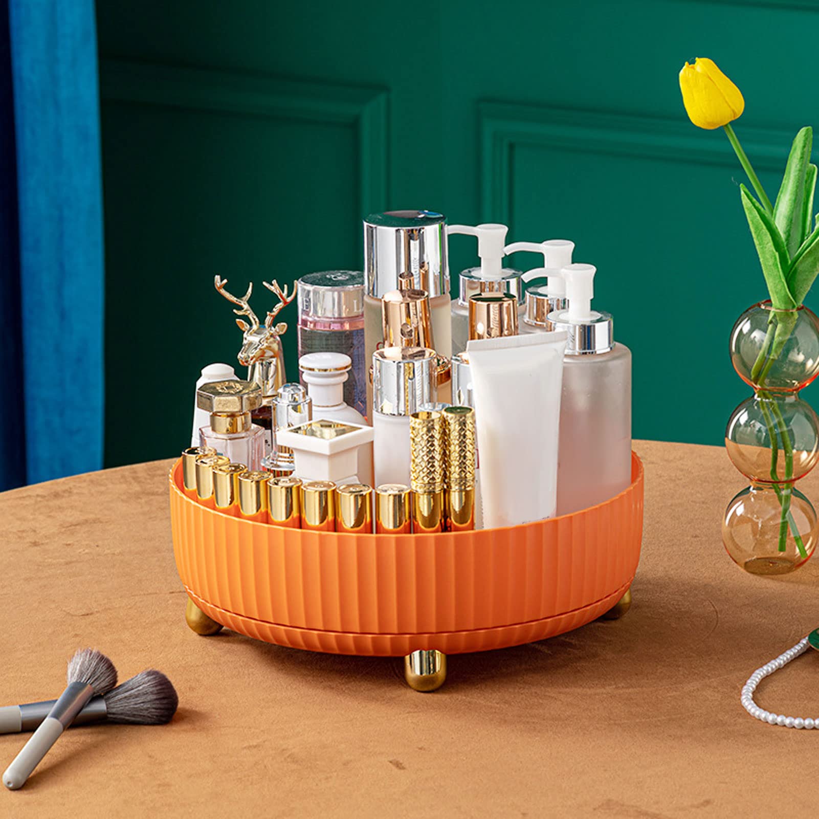 Turntable Cupboard Organizer, 360 Degree Rotating Lazy Susan Organizer, Desk Storage Display Case for Cabinet Pantry Kitchen Countertop Bathroom Refrigerator Tab (Orange)