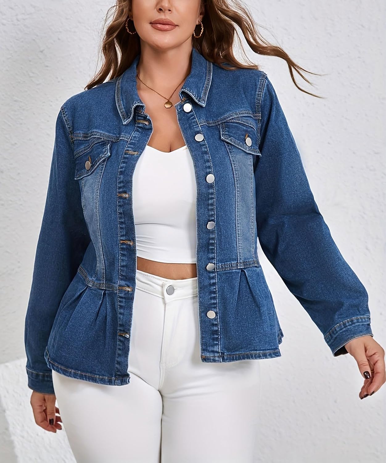 chouyatou Women's Peplum Denim Jacket Long Sleeve Button Down Ruffle Hem Jean Jacket Coat