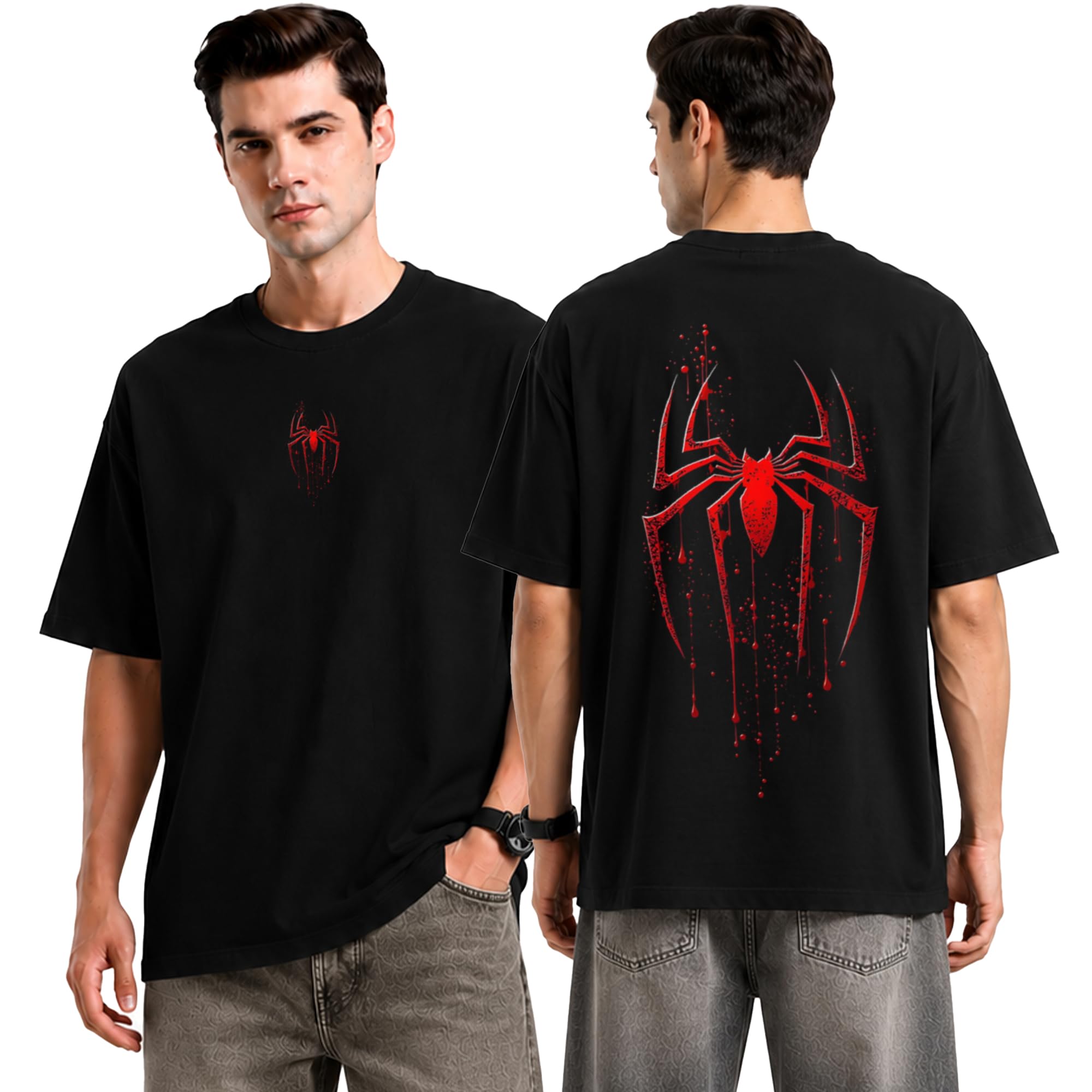 Spider Oversized Black Tshirt for Men and Women Drop Shoulder Unisex Baggy Loose Fit Cotton T-Shirts-image-16