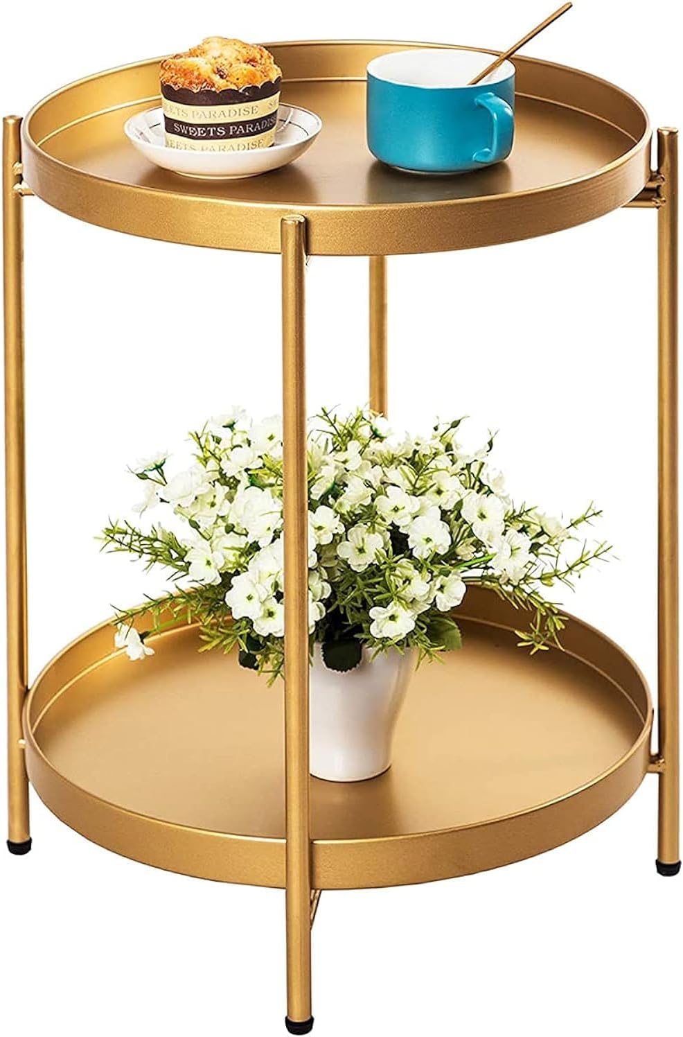 Round End Table: 2 Tier Metal Sofa Side Table Small Coffee Table Foldable Anti-Rust Waterproof with Removable Tray, Easy to Assemble for Living Room Bedroom Balcony Office Gold