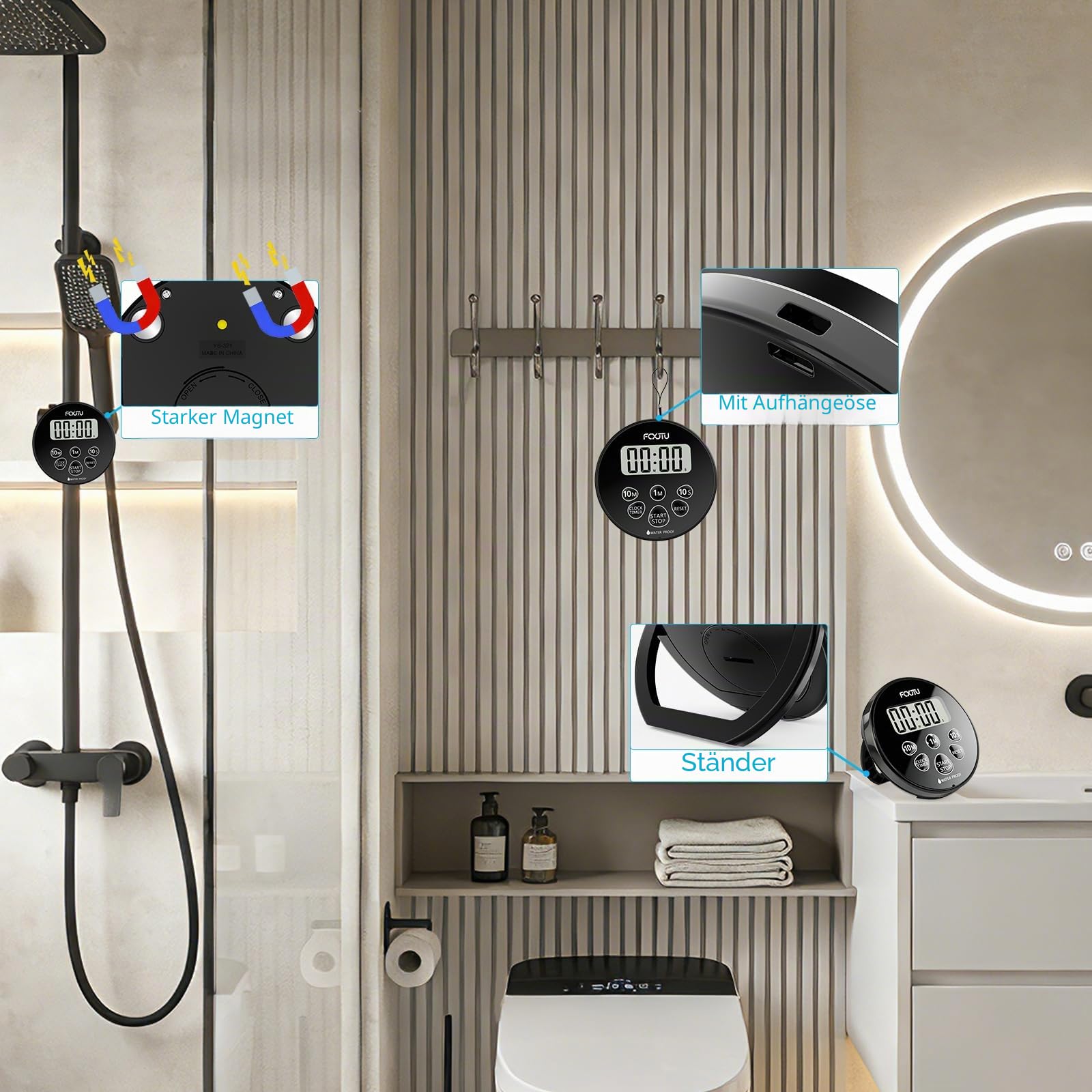 Digitaler wasserdichter Duschuhr-Timer, IPX7 Badezimmer-Dusche-Countdown-Timer, 12/24-Stunden-Uhr, einfache Einrichtung für Küchenpool mit Alarm, magnetischer Rückseite, Ständer, Dunkelschwarz