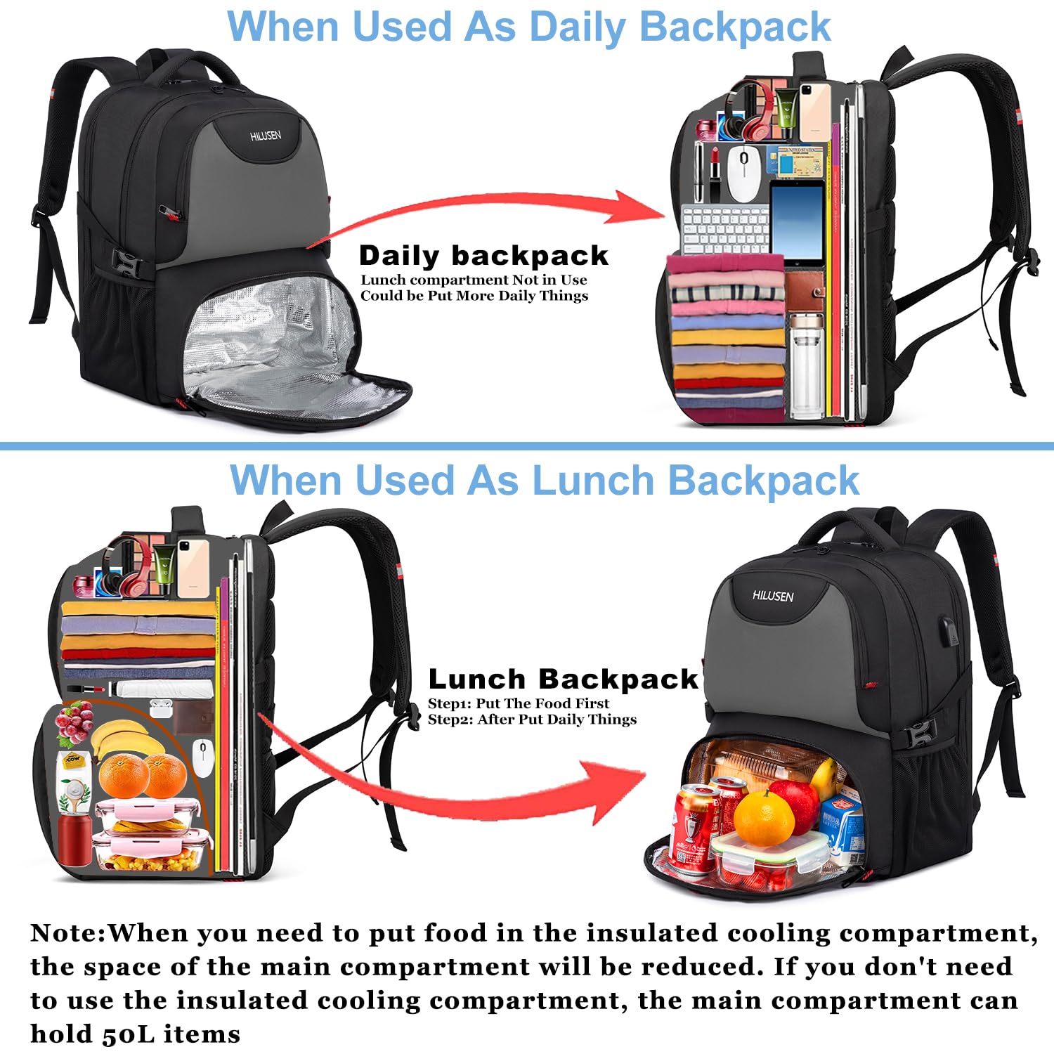 HILUSEN Zaino Porta PC 17.3 Pollici Uomo Grande 50L Impermeabile Pranzo Zaino Lavoro con Caricatore USB Zaino Laptop Computer Notebook Zaini per PC Portatili Viaggio Ufficio Scuola Università-Grigio