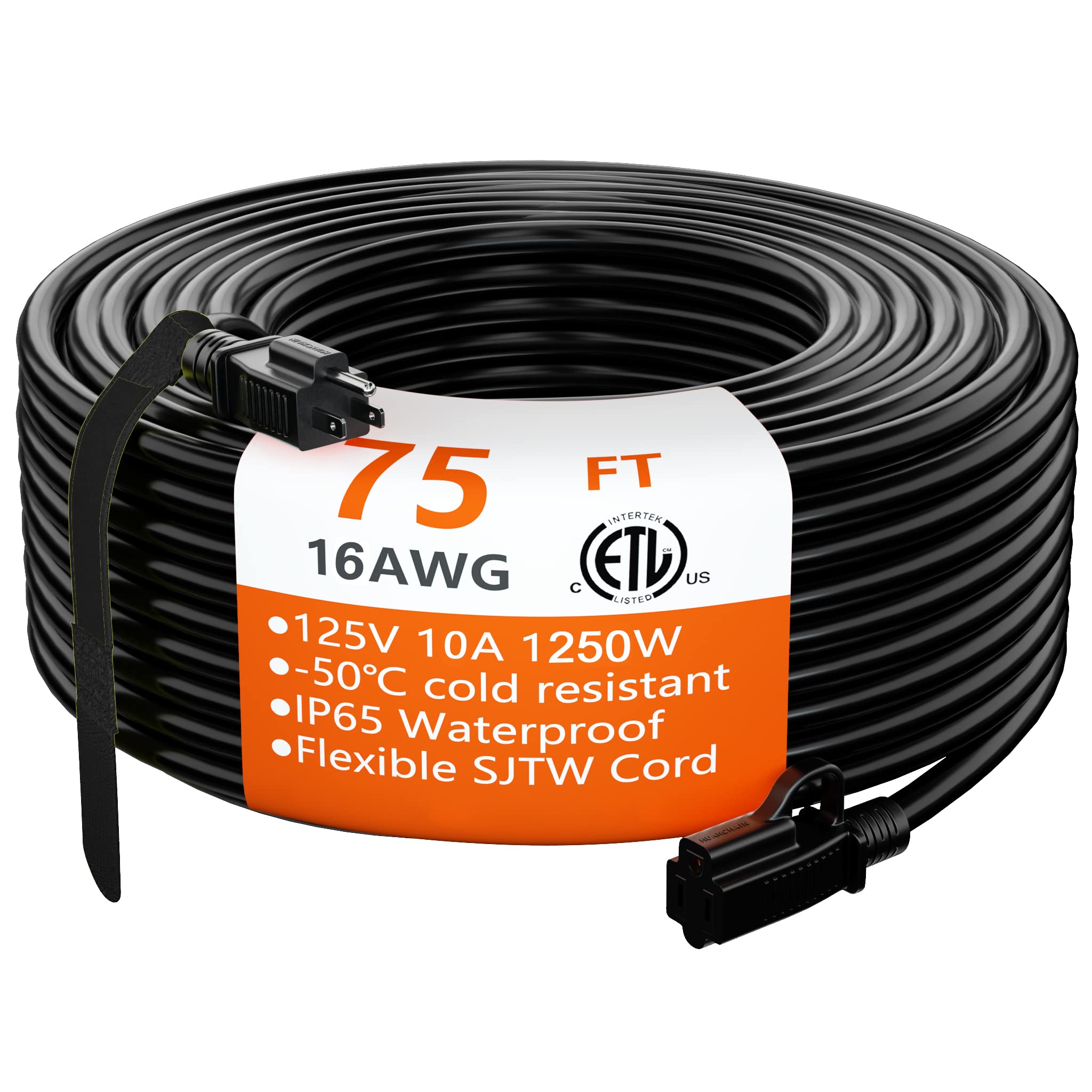 Indoor Outdoor Black Extension Cord 75 ft Waterproof, 16/3 Gauge Flexible Cold-Resistant Appliance Extension Cord Outside, 10A 1250W 16AWG SJTW, 3 Prong Heavy Duty Electric Cord, ETL HUANCHAIN