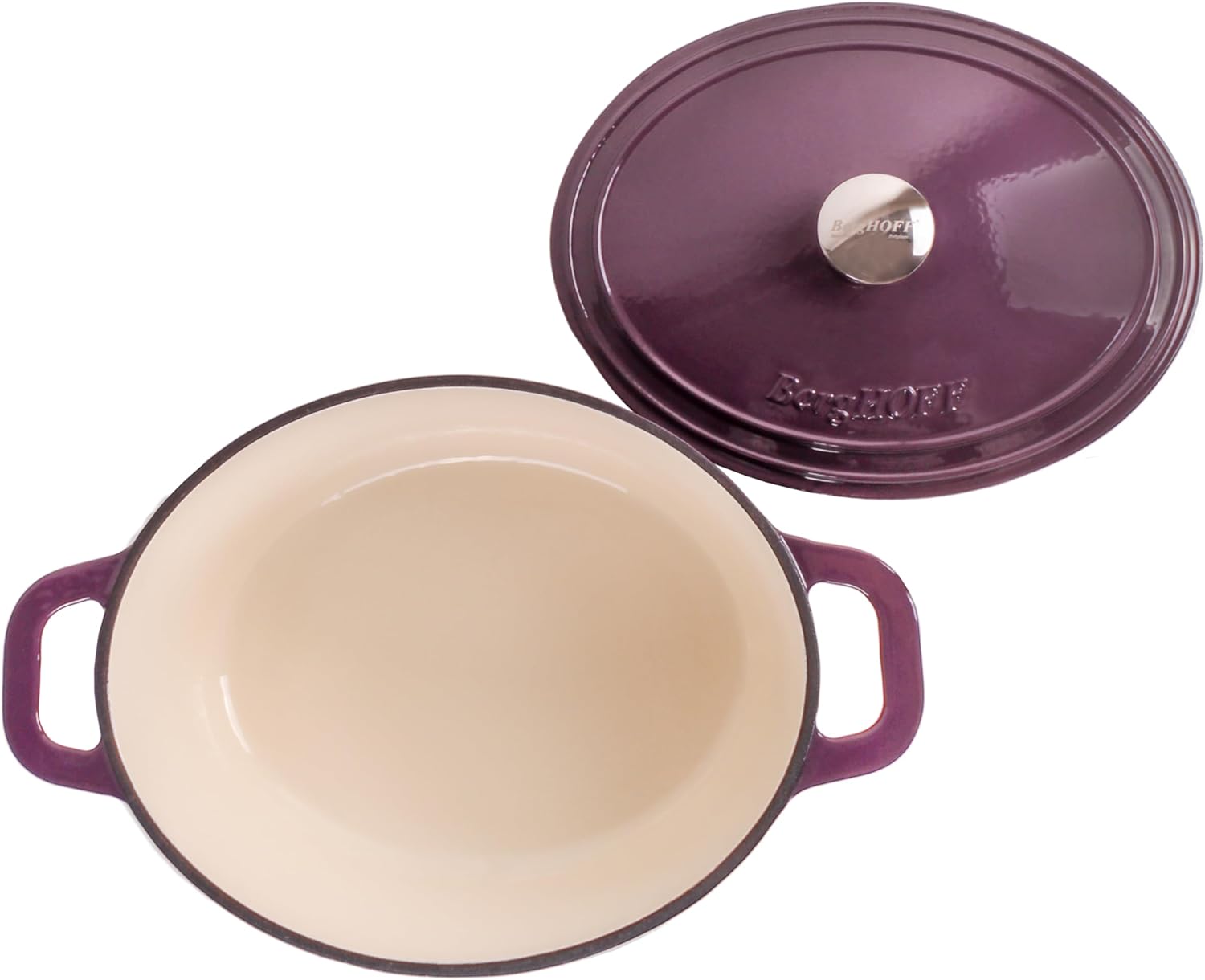 BergHOFF Neo 5Pc Enameled Cast Iron Cookware Set, 5qt., 8qt. Dutch Ovens, Matching Lids, Fry Pan 10 Inches, Fast, Evenly Heat, Oven Safe (Purple)