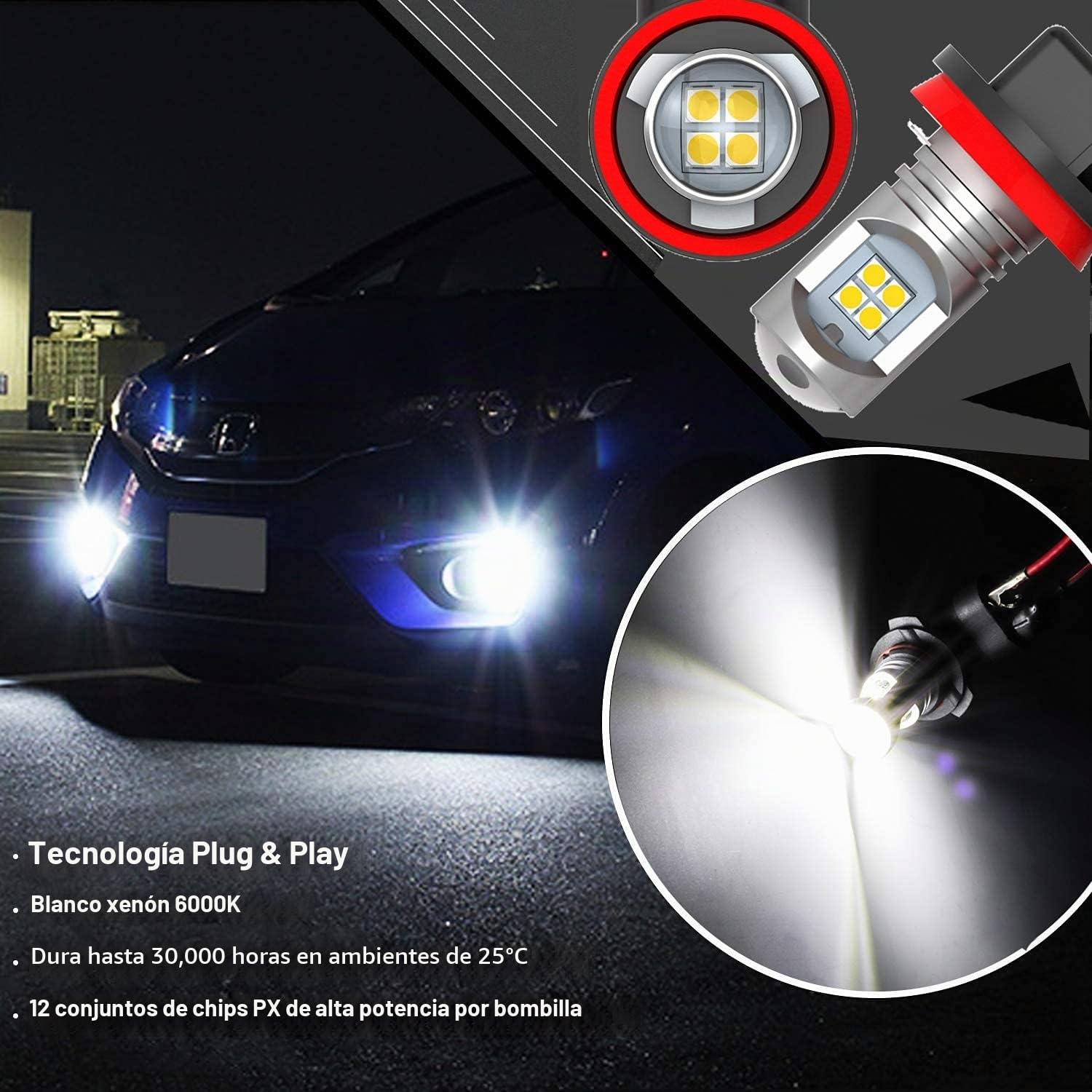 SageSunny H11 H8 H9 Bombilla LED antiniebla DC 10-30V 6000K Xenon White Reemplazo Súper Brillante para Luces de Circulación Diurna de Automóvil DRL o Bombilla Halógena Antiniebla (2 piezas)