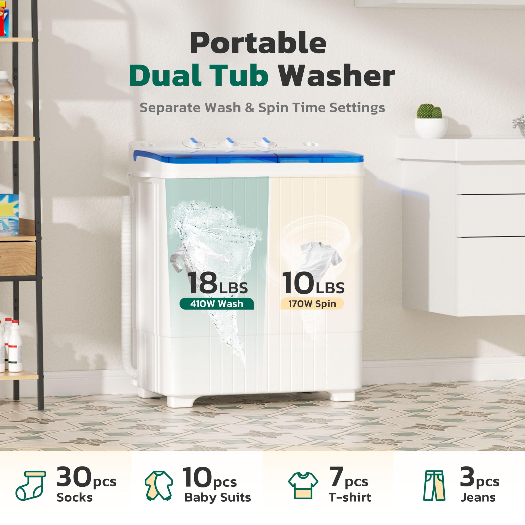 Greenvelly - Lavatrice portatile con capacità di 28 libbre, lavatrice da 8 kg e combinazione girevole da 4,5 kg, lavatrice compatta per appartamenti, campeggio, roulotte e camere da letto, blu e