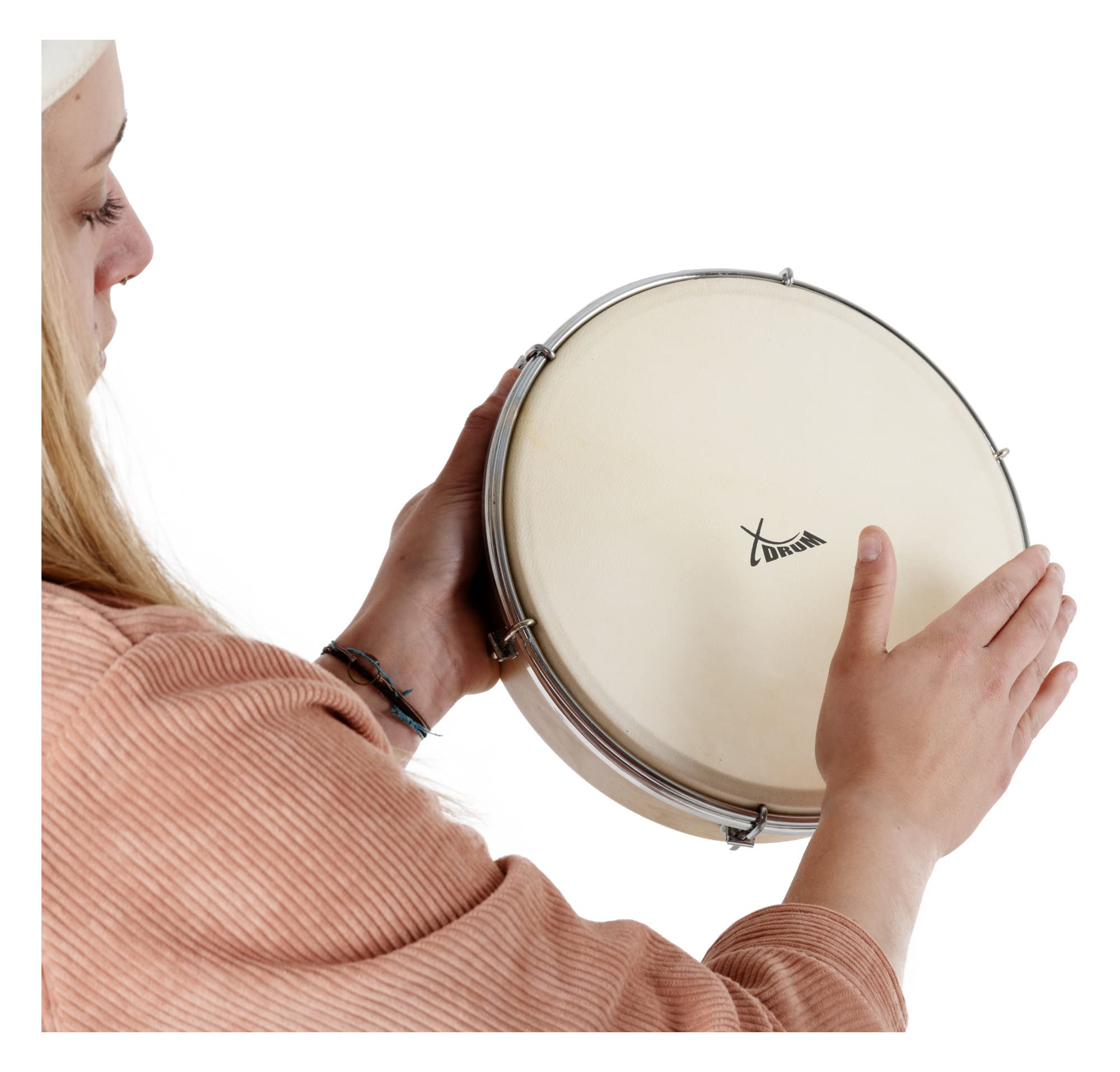 XDrum HTM-10S Tambourin 10" avec Peau Naturelle, Diamètre: 10" (25 | 4 cm), Peau robuste en peau de mouton, Cadre en bois d’érable, 6 crochets de tension pour accorder le tambourin, Polyvalent
