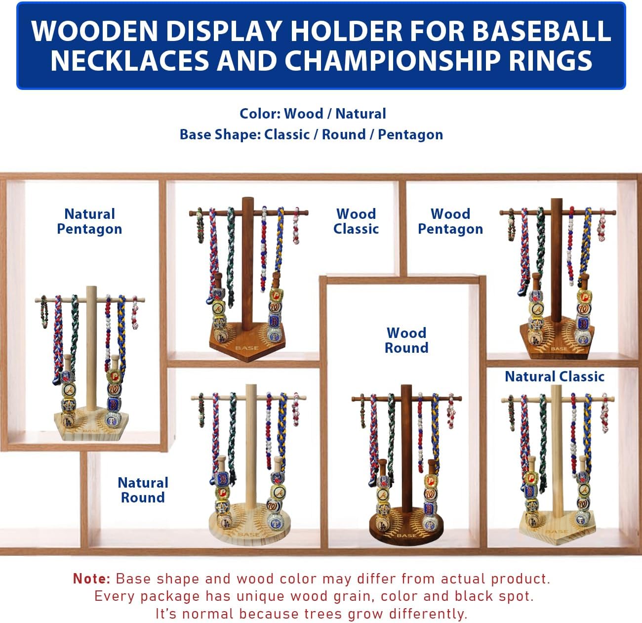 Wooden Baseball Drip Necklace Display Holder, Championship Rings Display Organizer (for ring size 9 or larger), Bonus 50Pcs Baseball Stickers, Greeting Card and Gift Box - Image 8