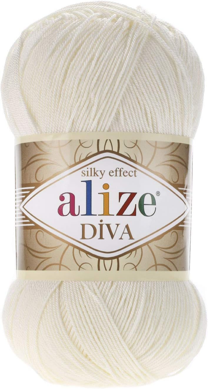 Alize Diva Silky Effect Hand Knitting Yarn Microfiber Acrylic Yarn Thread Crochet Art Lace Craft Lot of 5 skeins 500gr 1915 yds Hand Knitting Yarn (62- Light Cream)