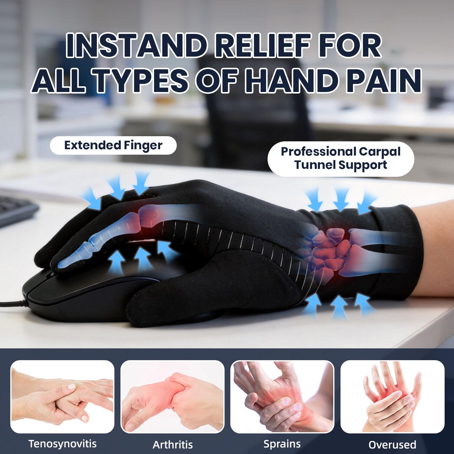 Big Mango Paquete de 2 pares de guantes de cobre para artritis, guantes de compresión para mujeres y hombres, alivian el dolor de la artritis reumatoide, túnel carpiano, hinchazón, soporte diario de