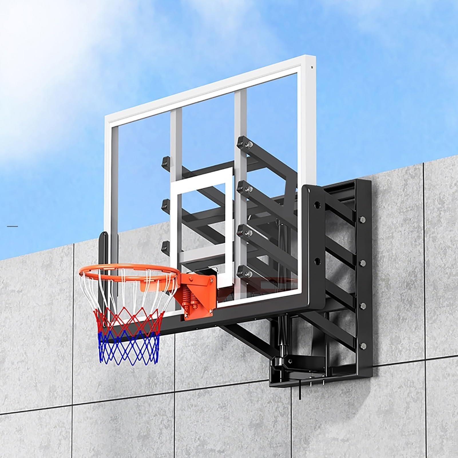 Aro de baloncesto para exteriores de altura ajustable, soporte de pared con tablero de vidrio templado para gimnasios, garajes, escuelas, ideal para adolescentes y adultos