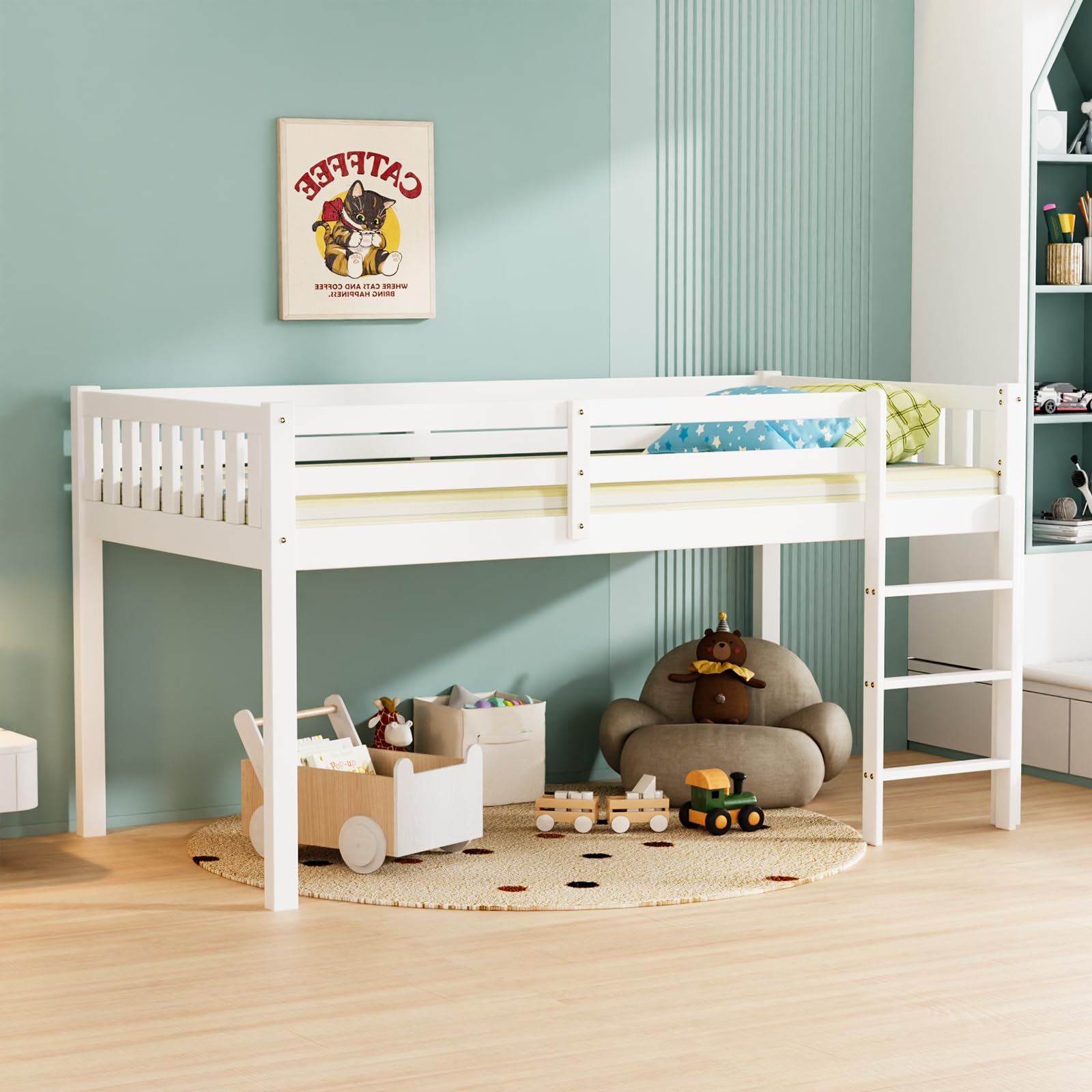 JOYMORLow Loft Bed Twin Size, Wood Loft Bed Frame for Kids Junior Adults with Full-Length Guardrail and Ladder