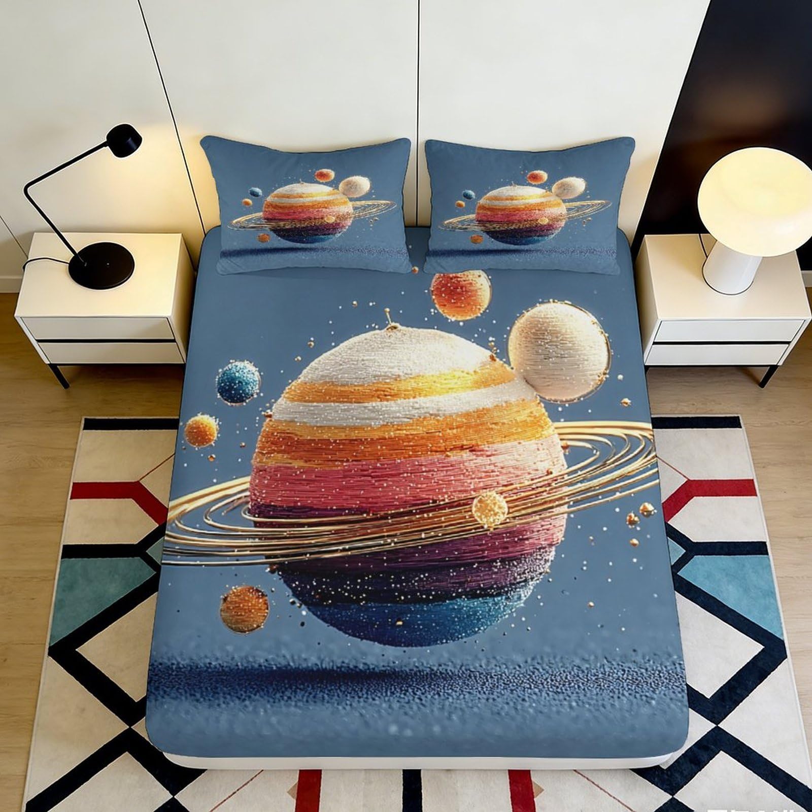3D Printed Saturn Planet Fitted Sheet Microfiber Soft Bedroom Decor Cosmic Universe Mattress Cover 90x200x25cm