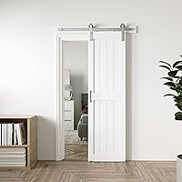 Vista 25 de Puerta corrediza de granero MDF de 48 x 80 pulgadas con kit de herrajes para puerta de granero de 8 pies y asa, agujeros preperforados, fácil