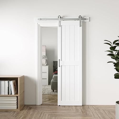 Miniatura 112 de Puerta corrediza de granero MDF de 48 x 80 pulgadas con kit de herrajes para puerta de granero de 8 pies y asa, agujeros preperforados, fácil Blanco