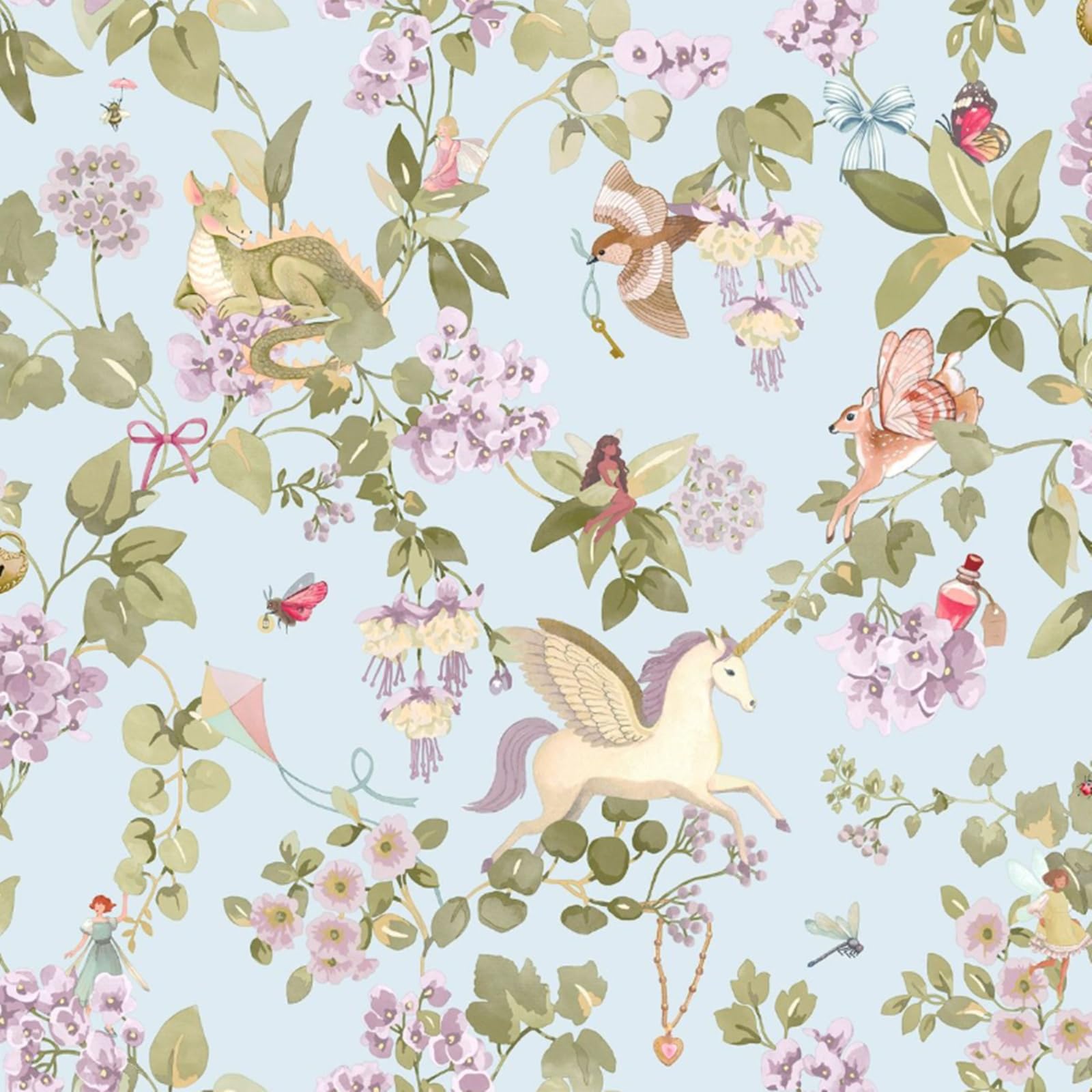 Sophie Laurence Girls Blue Kids Fairies Wallpaper Unicorns Dragons Floral Boys Nursery Bedroom