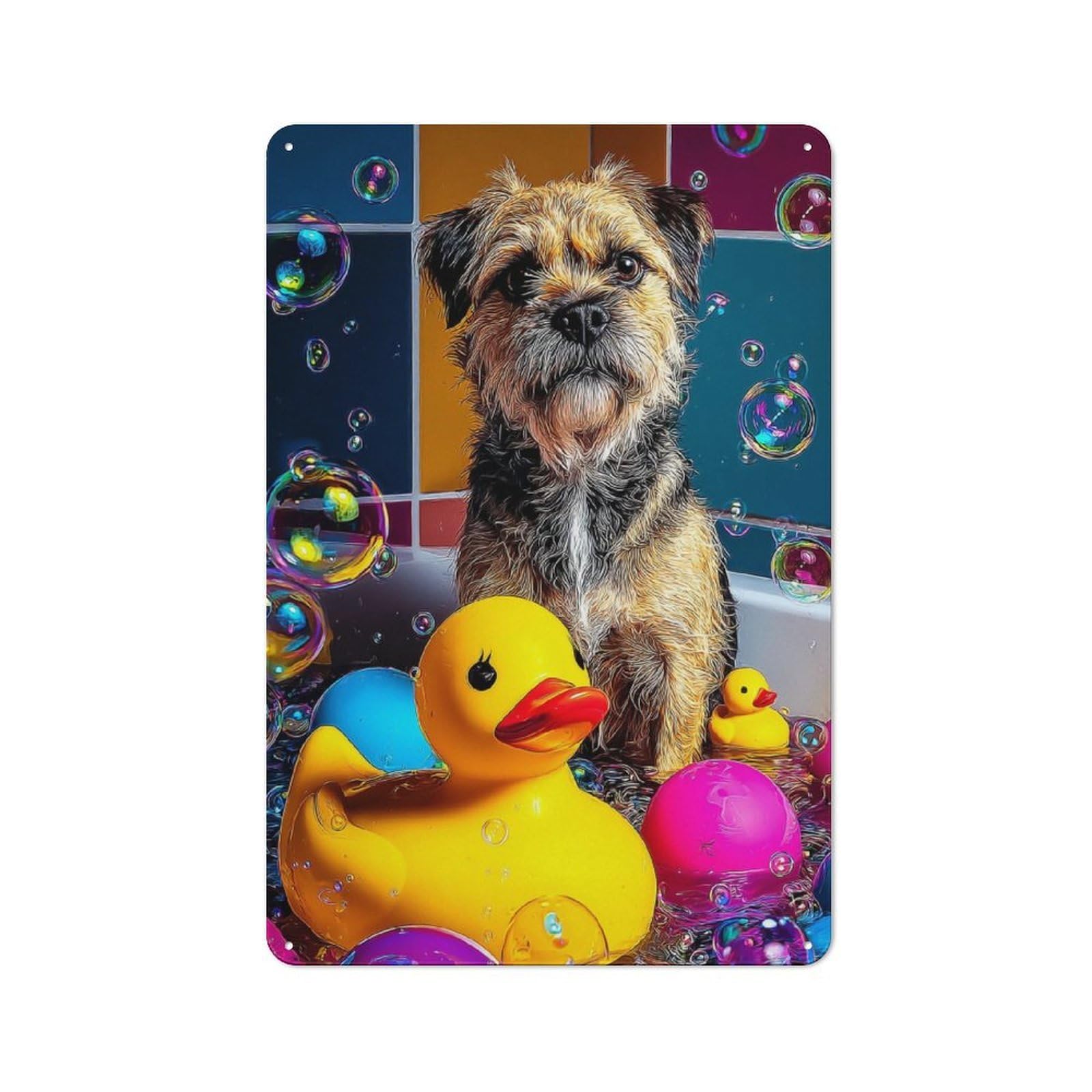 Junmoney Dog In Bathtub With Rubber Duckies Metal Wall Sign 30X20cm Featuring For Garage Or Workshop, For Vintage Wall Decor Fans, For Metal Sign Collectors