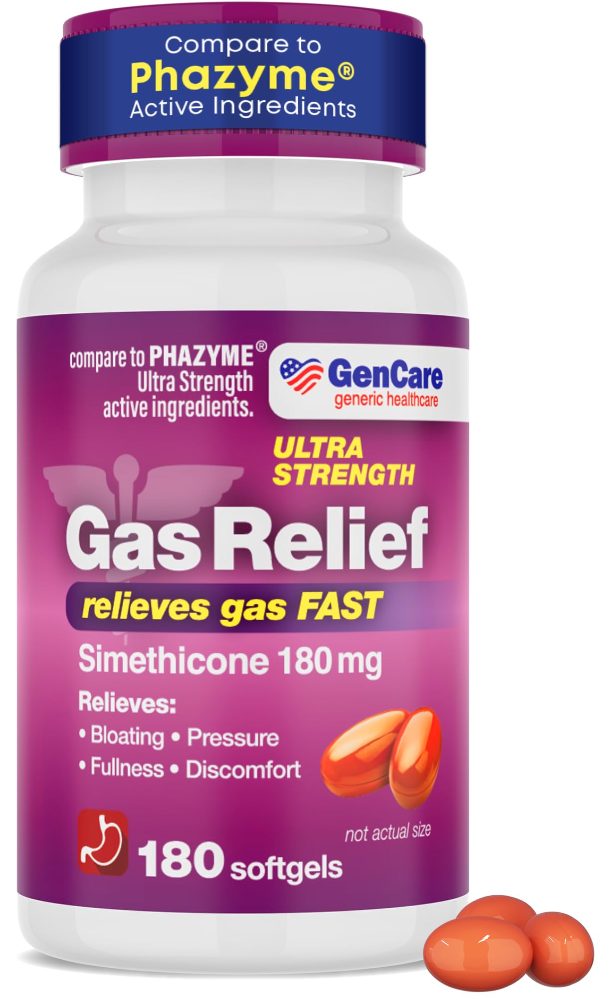 GenCare - Ultra Strength Simethicone Gas Relief 180 mg (180 Softgels) | Anti Flatulence, Bloating Aid, Stomach Discomfort and Gas Pressure Reliever Pills | Relieves Gas Fast | Generic Phazym