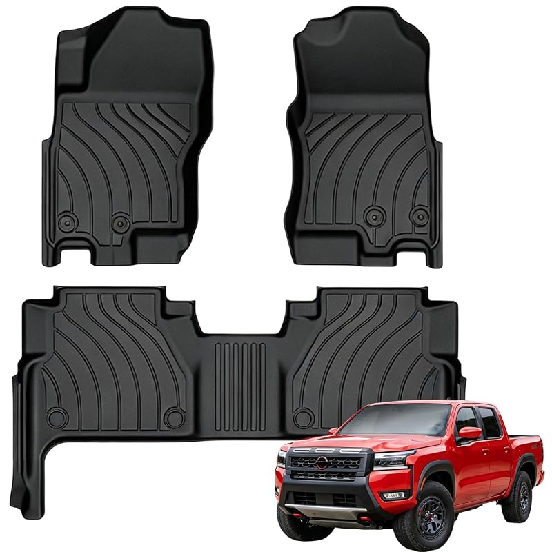 Tapetes automotivos em TPE para Nissan Frontier CrewCab 2022–2026, 1ª e 2ª fileiras, preto, sem alto-falante sob o banco
