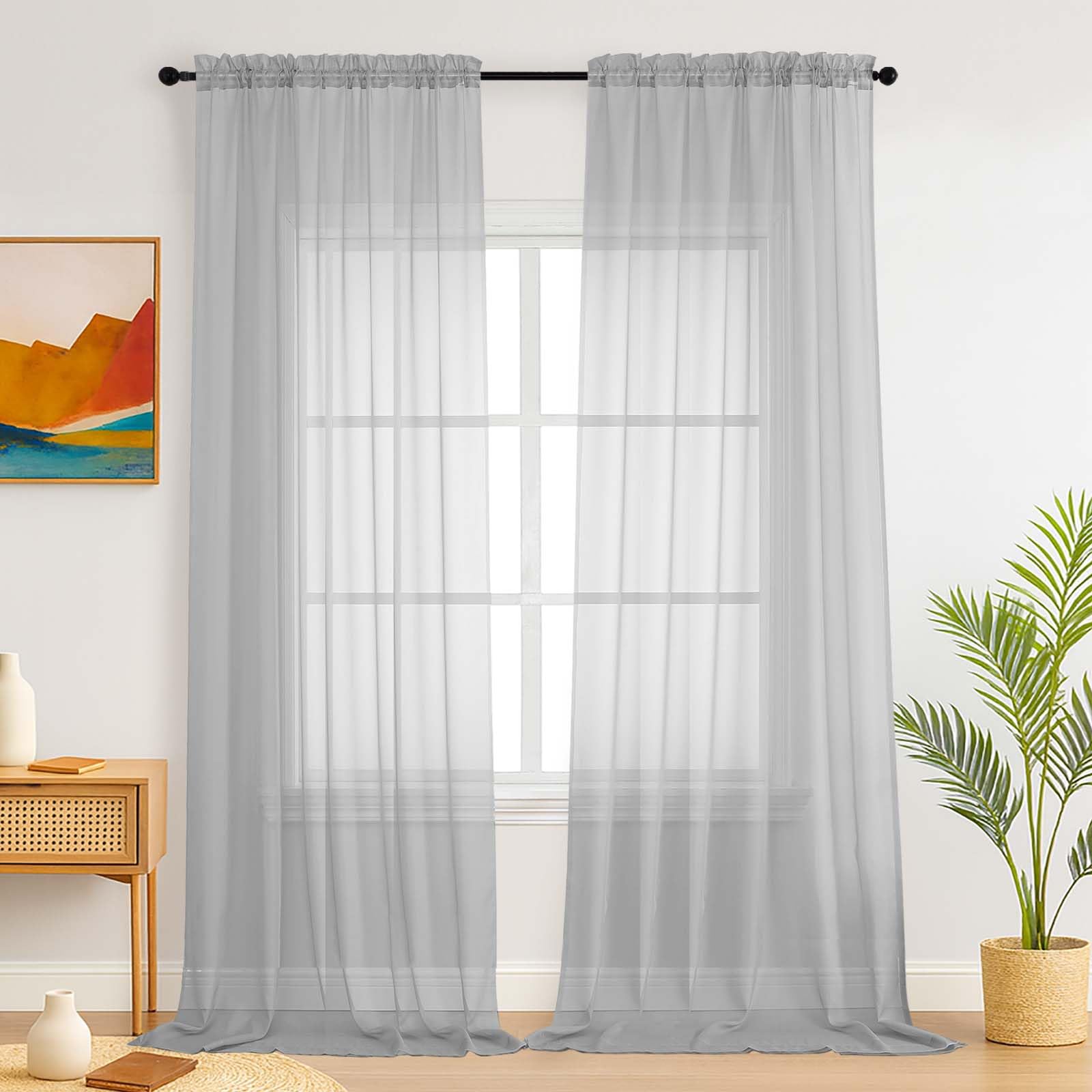 Simplebrand Light Grey Sheer Curtains 229 cm Long, Light Filtering Rod Pocket Solid Color Window Sheer Curtain Panels, Elegant Curtains & Drapes for Living Room, Bedroom 2 Panels, 150cm W x 229cm L