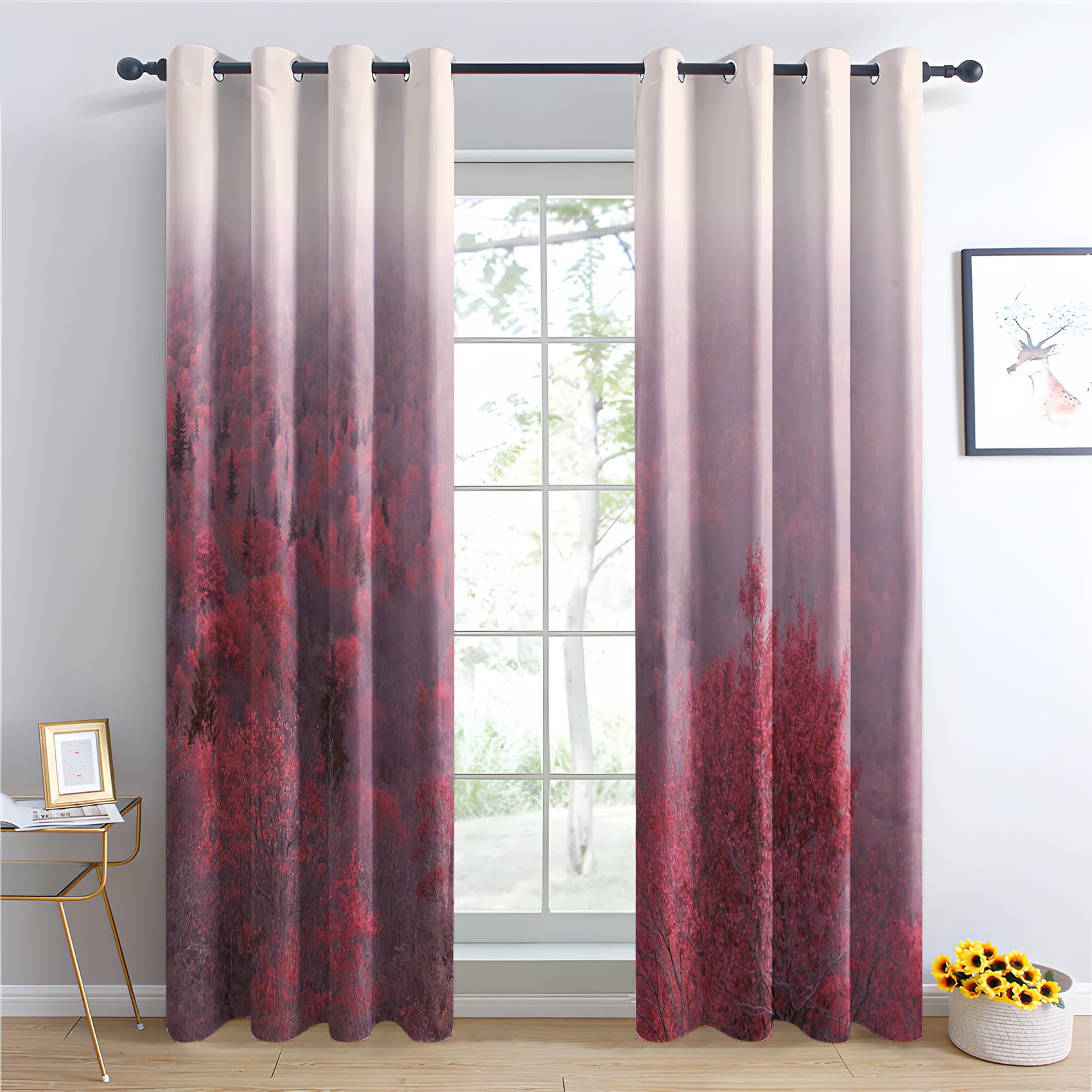Rideau Occultant Forêt, Rideau Isolant Thermique pour Salon Chambre, Rideaux Motif Feuille, Rideau Opaque à Oeillets, Lot de 2 Rideaux et Draperies Intérieur 140x220cm LxH
