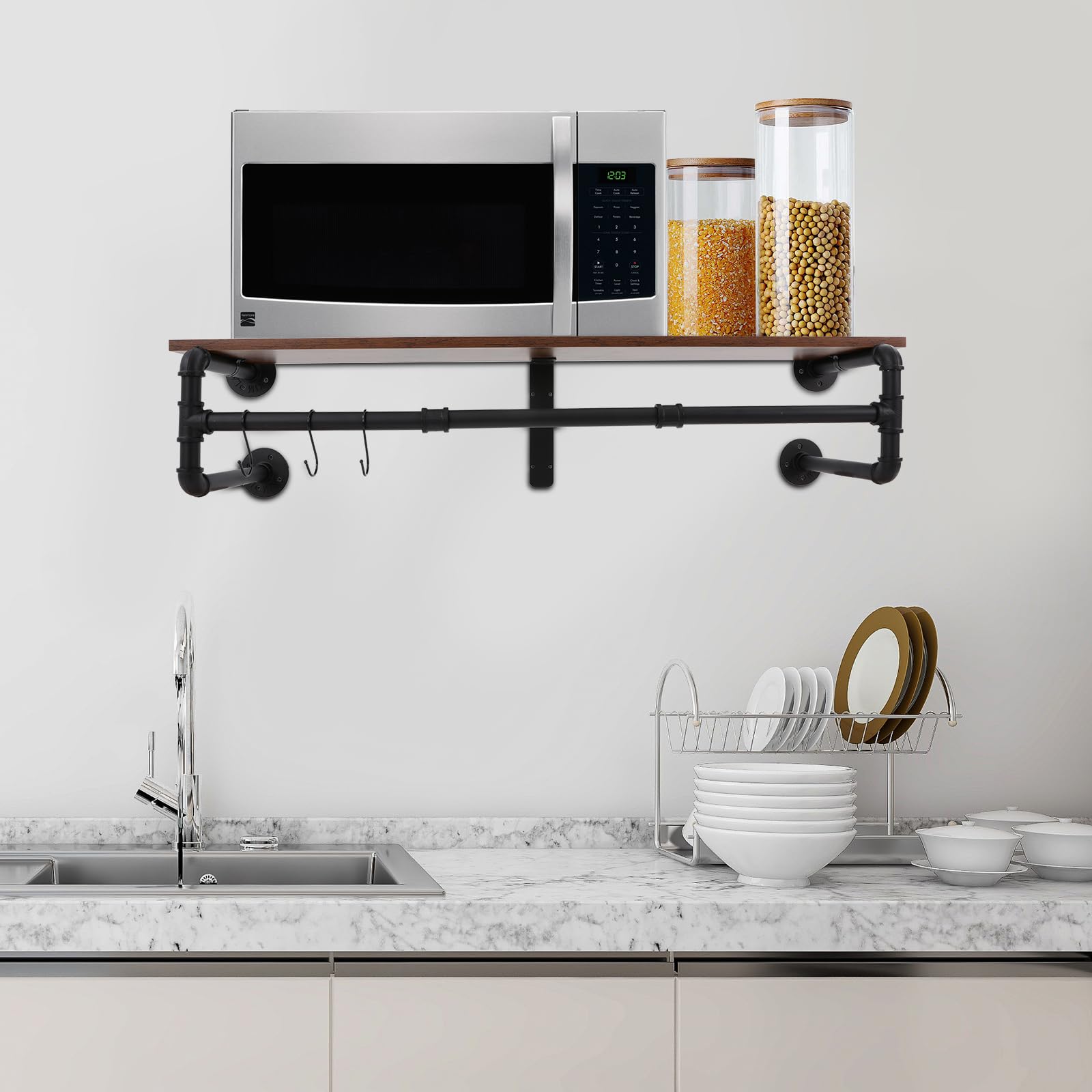 Wandgarderobe mit Ablage, Industrielle Kleiderstange zur Wandmontage, Wandregal mit 3 verstellbaren Haken, Wandmontiertes Hängeregal für Wohnzimmer, Schlafzimmern, Eingang, 100x22x25 cm (Schwarz)