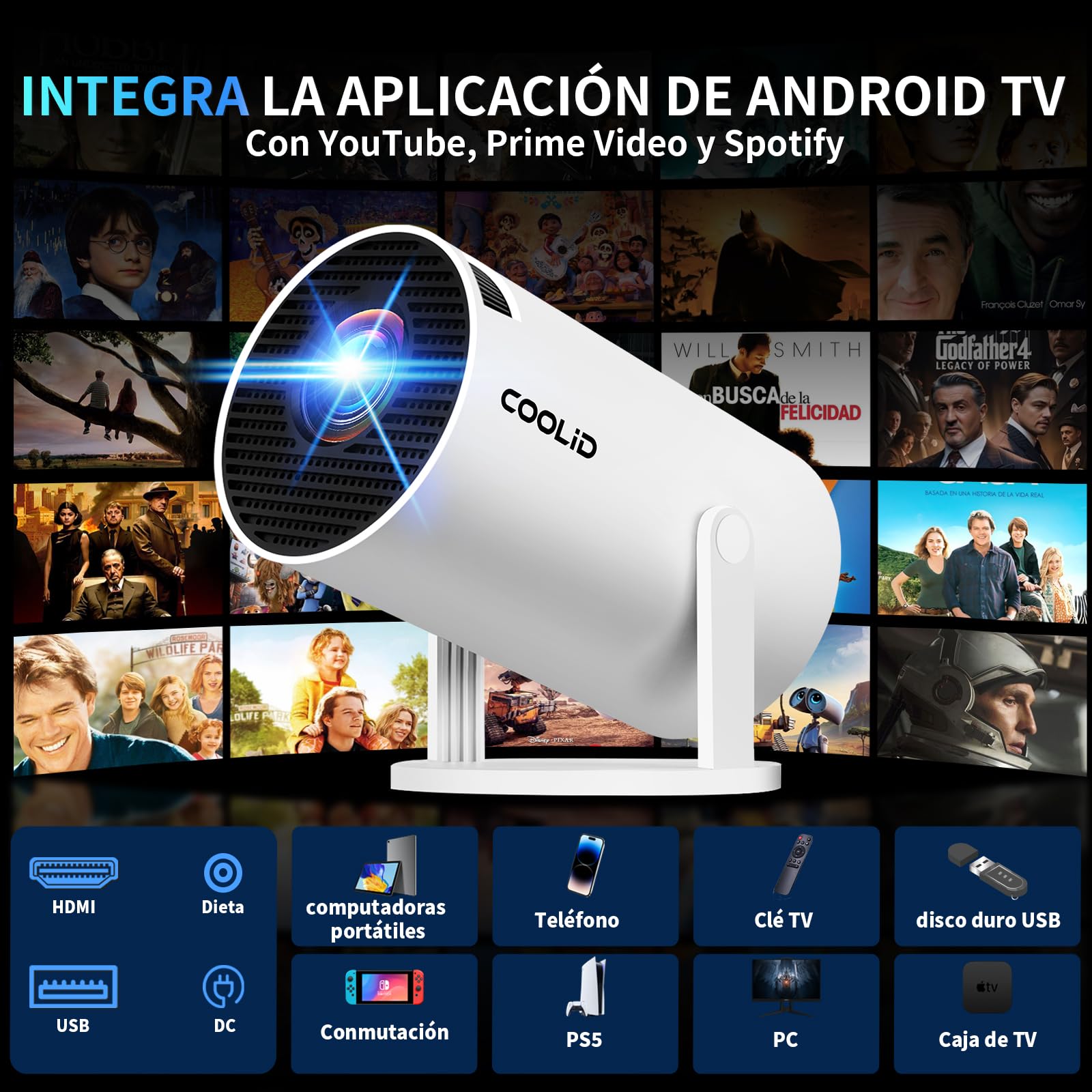 [2026 App Integrada] Mini Proyector 4K Support 1080p con WiFi 6 y Bluetooth 5.2 Proyector portátil con Enfoque automático y corrección Trapezoidal Compatibile con TV Stick/USB/PS5/Laptop,Blanco