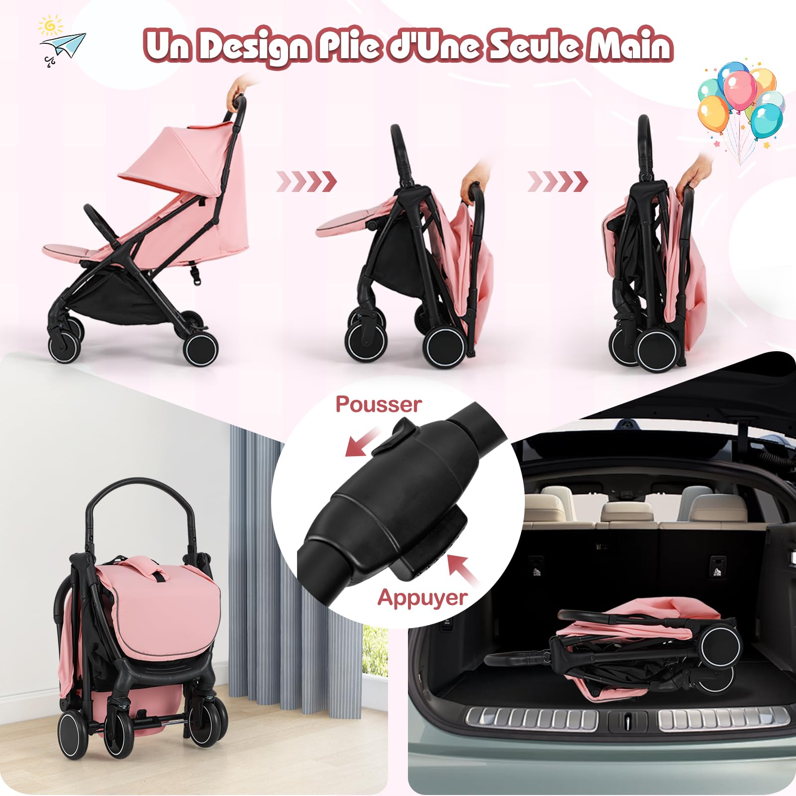 GOPLUS Poussette Canne pour 0-3 Ans, Charge 15KG, Pliable en 1 Bouton, Poussette Bebe Légère et Compacte avec Double Frein, Dossier Réglable, Sangle de Sécurité en 5 Points (Rose)
