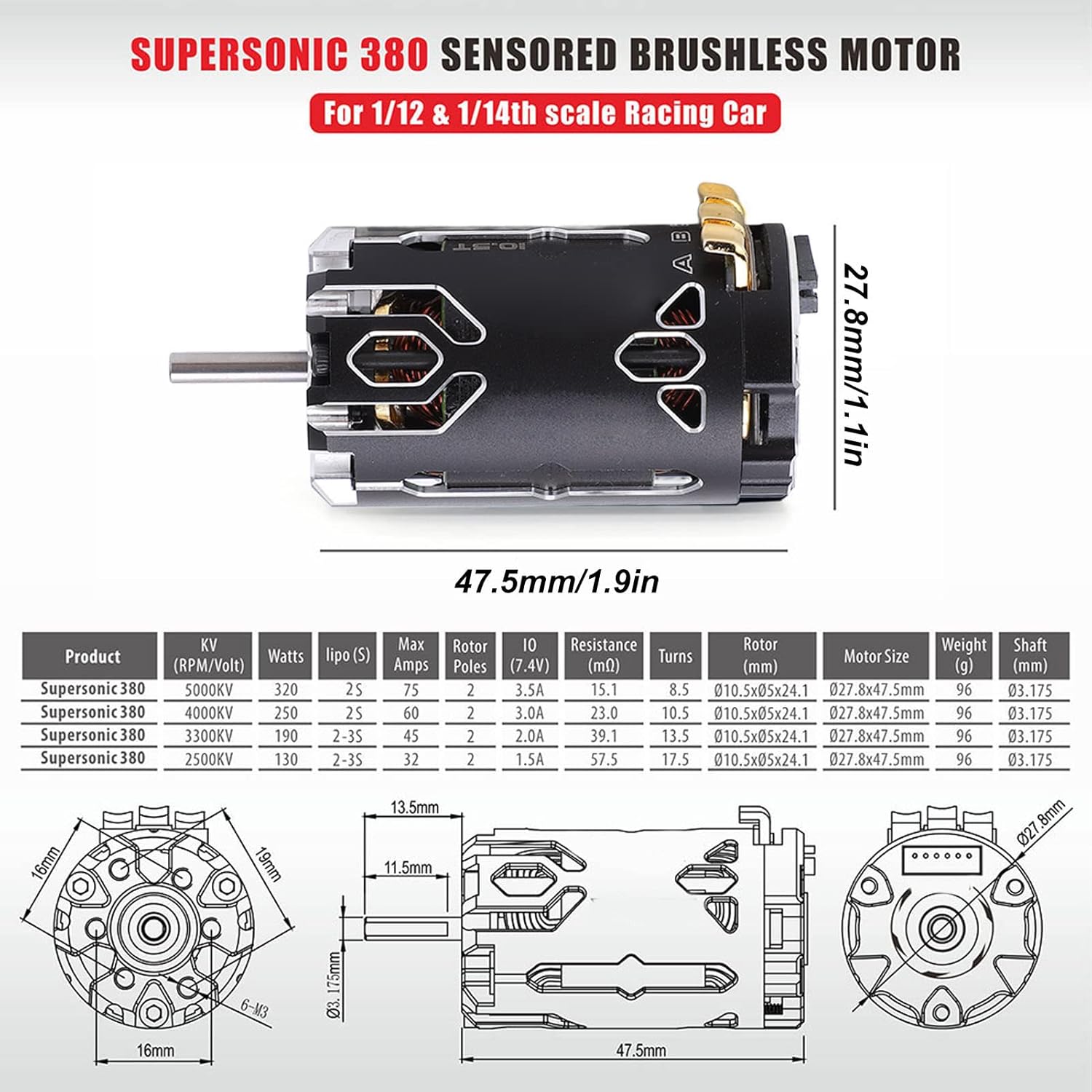 Sensored Brushless Motor, 10.5T Sensored Motor High Efficiency 380 V2S 250W RC Motor for 1/12 and 1/14 Scale Remote Control Car