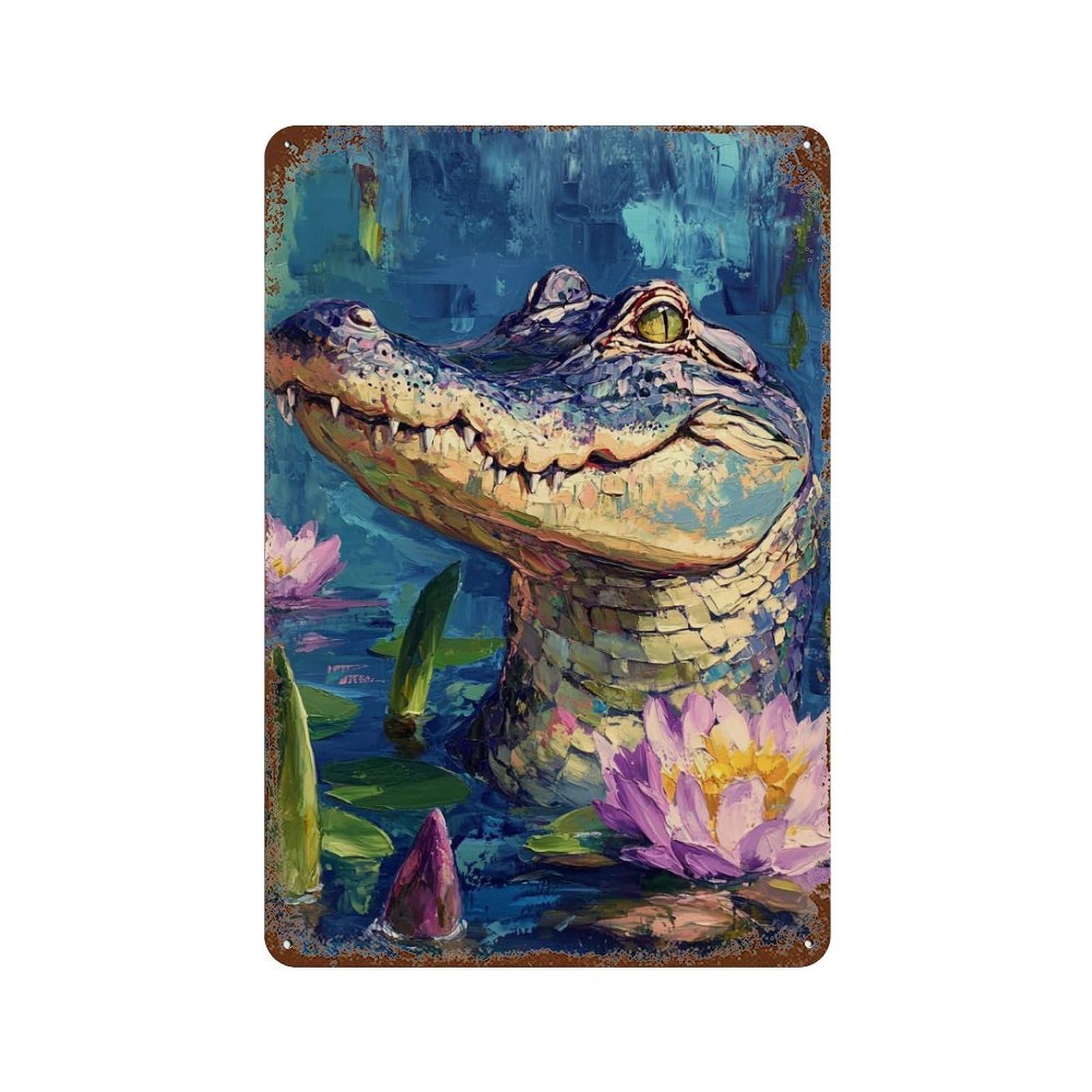 Vintage Rust Metal Sign Colorful Crocodile in Pond 11.8"x7.9", Vintage Wall Decor for Office, Studio And Wall Decor