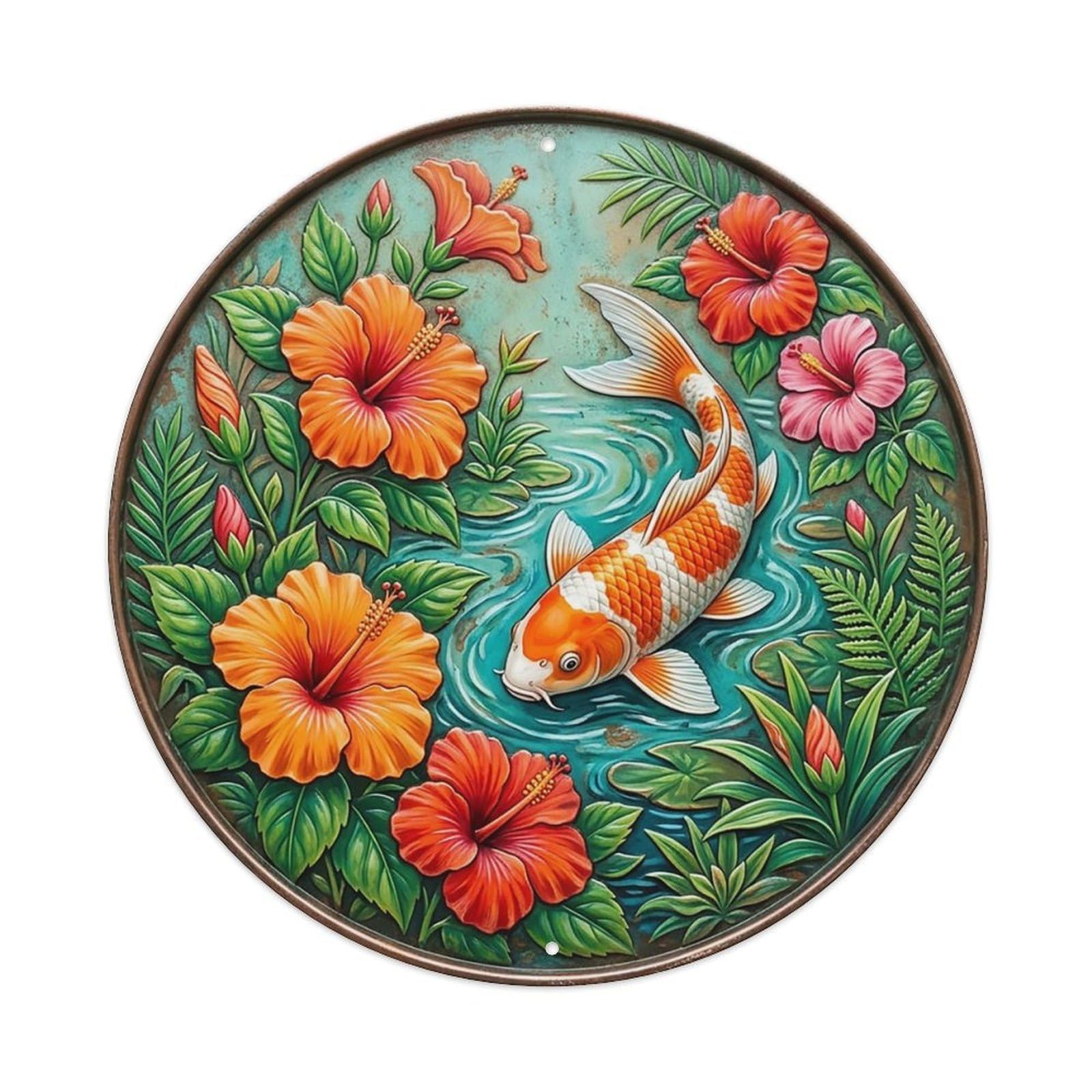 Hibiscus Tropical Bloom Koi Fish Metal Tin Sign