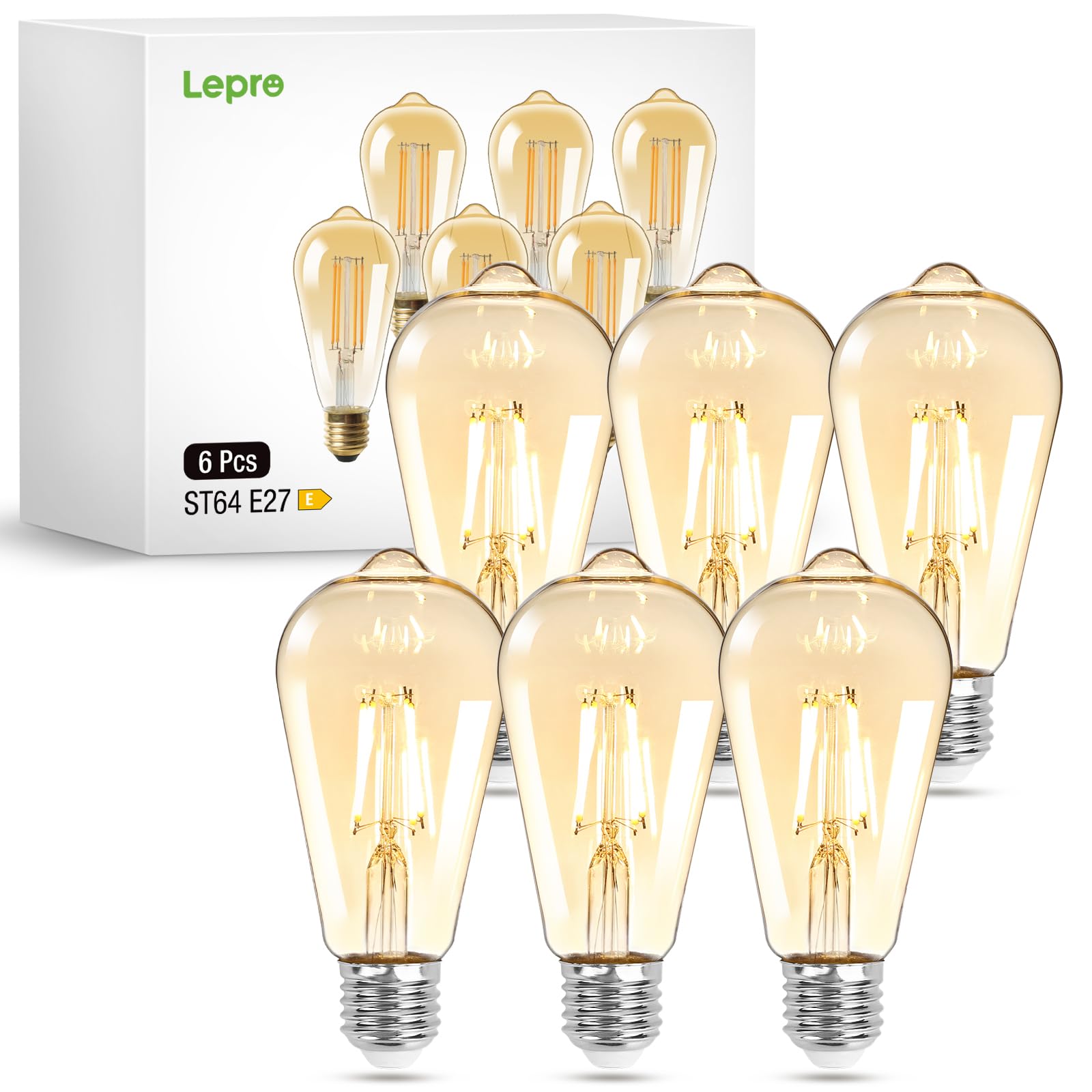 Lepro LED E27 Screw Bulb, ST64 E27 Vintage Light Bulbs, 4.8W 470lm, 40W Equivalent GLS Bulb, Warm Yellow 2500K LED Filament Bulbs Edison Screw, Antique Style Retro Amber Glass, Non Dimmable, Pack of 6