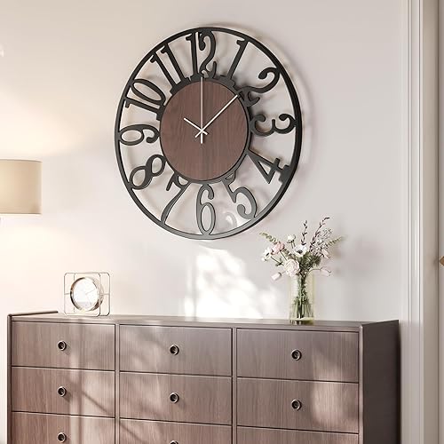 Miniatura 11 de Reloj de pared de 24 pulgadas, relojes de pared grandes para sala de estar, reloj redondo de metal decorativo, funciona con pilas, silencioso, sin